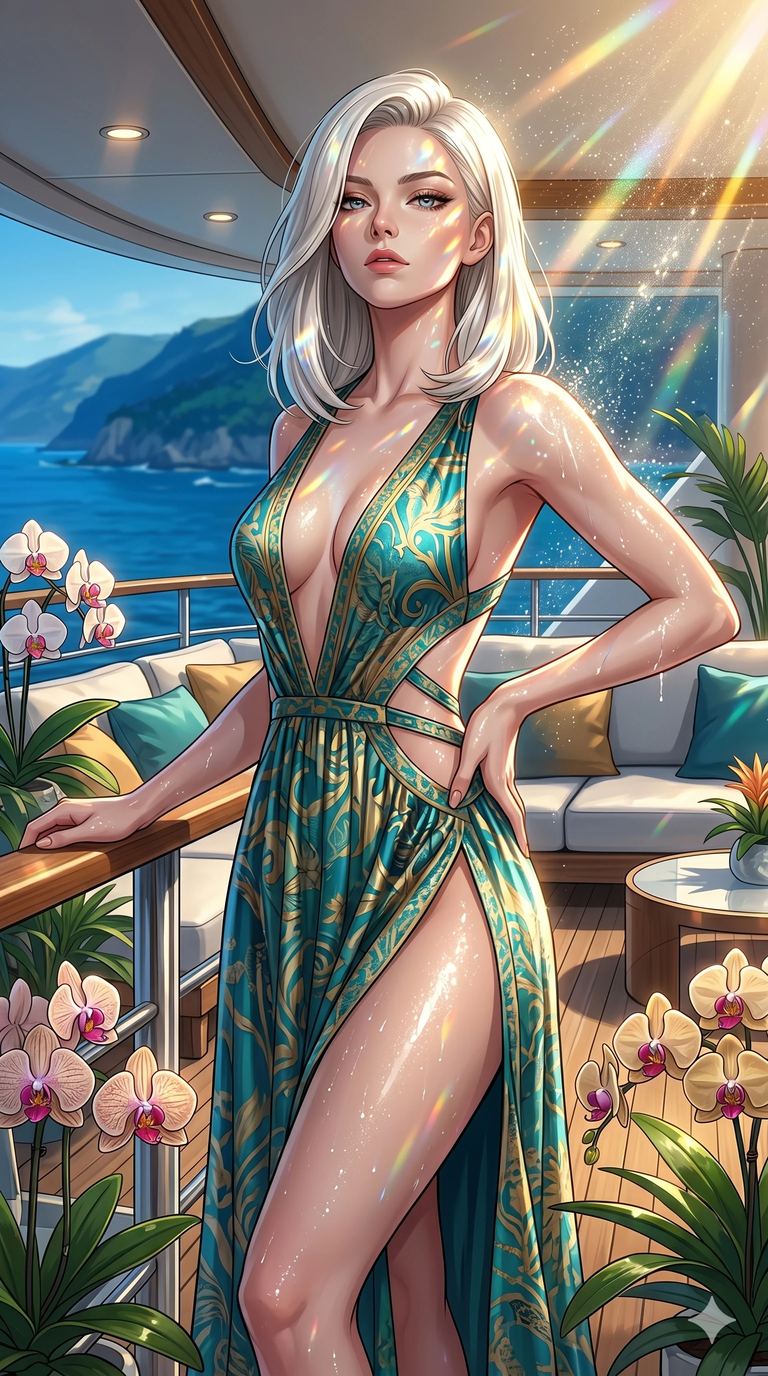 score_9, masterpiece, best quality, ultra-detailed, high-budget anime keyframe, editorial fashion photography, tasteful artistic composition, Caucasian woman, strictly human ears. cowboy shot from the thighs up, character and outfit filling the frame for maximum editorial presence. standing among tropical orchids, looking at the viewer with an air of superiority inside a luxury yacht deck lounge showing the blue coastline (Code-P19-109). She has an absolutely perfect 8-heads proportion, an exceptionally tall and slender female figure with impossibly long slender legs and an ultra-slim waist. V-shaped jawline, high-bridge nose, intricate jewel-like eyes with depth, thick eyelashes, glossy lips with a natural sheen. wearing a high-slit resort dress with a plunging neck and side cutouts. sunlight refracting through the sea spray, creating a sparkling, wet glow on her. 2k, ultra detail, master piece, 9:16 ratio