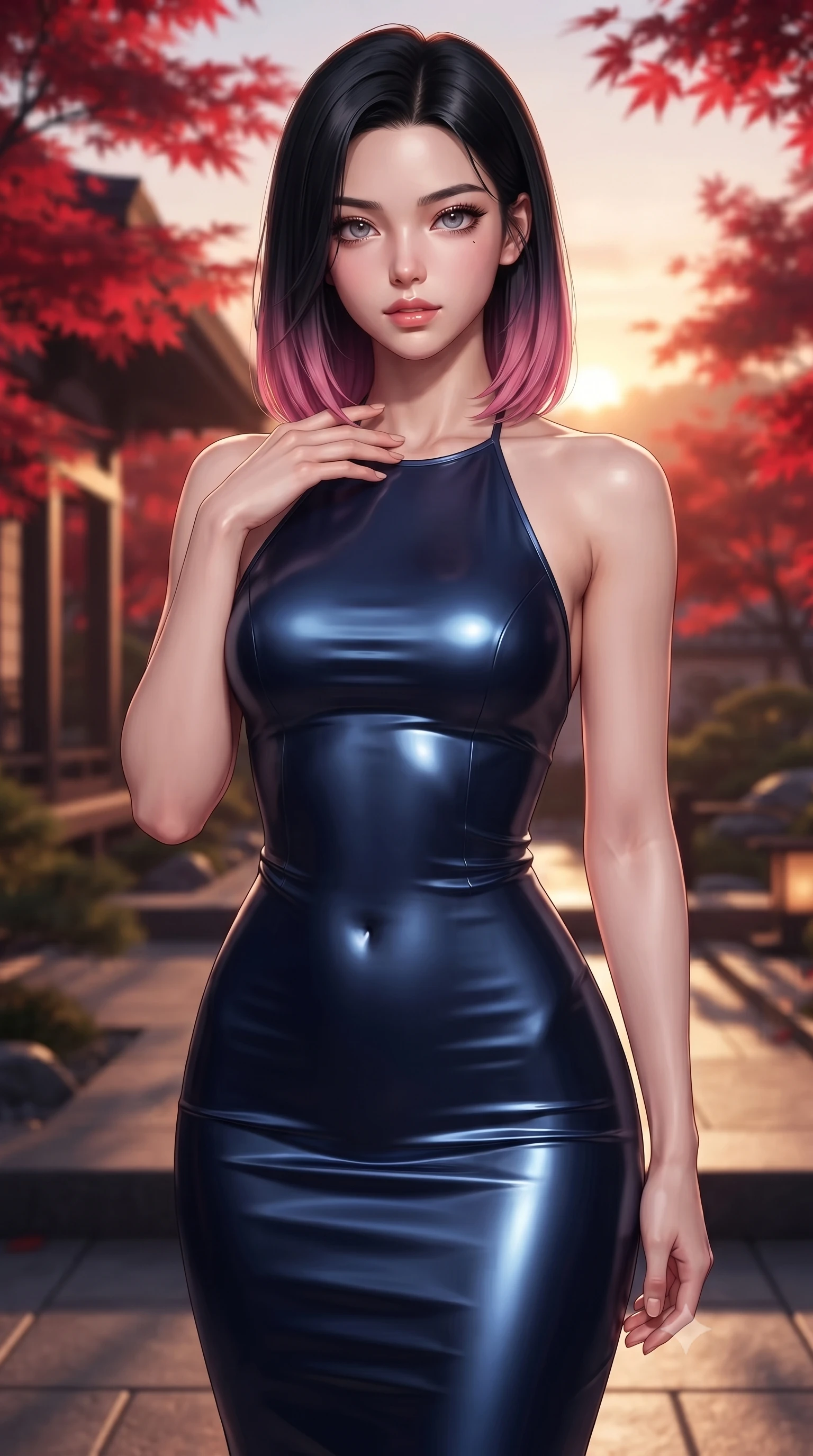 score_9, masterpiece, best quality, ultra-detailed, high-budget anime keyframe, editorial fashion photography, tasteful artistic composition, Korean woman. close-up cowboy shot from the waist and thighs up, the character dominates the composition, filling the frame with her large presence, background elements kept in soft focus. standing with one hand resting on her collarbone, looking at the viewer with bedroom-eyes the background shows a soft-focus a private garden tea deck surrounded by red maple trees at dusk. She has an exceptionally elegant, slender, and willowy female figure with an ultra-slim waist, a gracefully sculpted slender torso, and a refined silhouette. sharp v-shaped jawline, high-bridge nose, intricate jewel-like eyes with depth, thick eyelashes, glossy lips with a natural sheen. wearing a slim-fit form-fitting halter dress in deep navy blue, contouring her athletic, slender build. warm sunset light casting long, clean shadow lines from the garden's architecture. ultra-reflective glossy finish, specular highlights, metallic sheen, high-contrast stereoscopic depth, volumetric dynamic lighting, 2k, ultra detail, master piece, 9:16 ratio