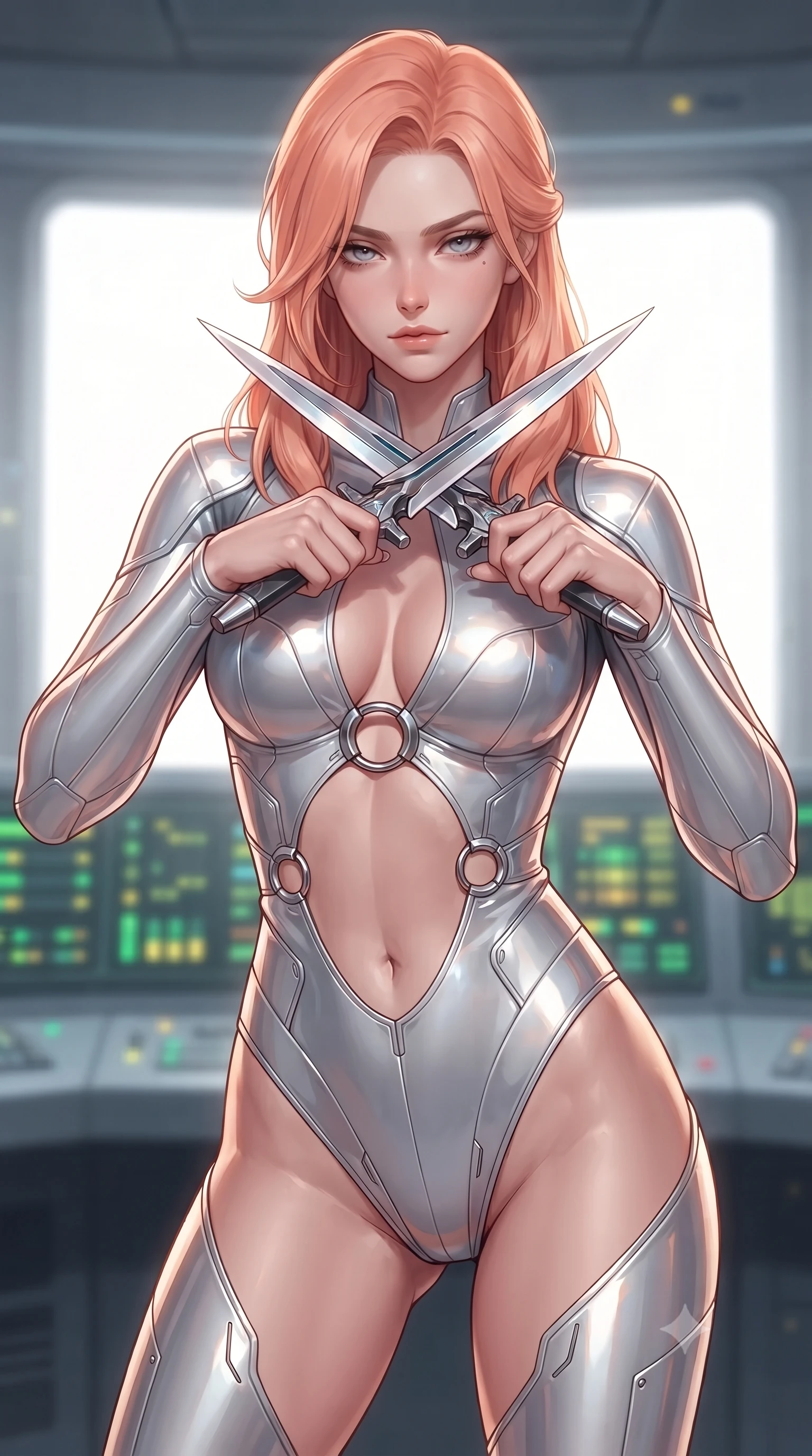 score_9, masterpiece, best quality, ultra-detailed, high-budget anime keyframe, editorial fashion photography, tasteful artistic composition, Japanese woman. close-up cowboy shot from the waist and thighs up, the character dominates the composition, filling the frame with her large presence, background elements kept in soft focus. holding two energy daggers crossed in front of her elegant collarbone, casting a heavy-lidded, sultry look, the background shows a soft-focus a solar collector control room with blinking green telemetry racks. She has an exceptionally elegant, slender, and willowy female figure with an ultra-slim waist, a gracefully sculpted slender torso, and a refined silhouette. sharp v-shaped jawline, high-bridge nose, intricate jewel-like eyes with depth, thick eyelashes, glossy lips with a natural sheen. wearing a tailored light carbon-plate combat bodysuit featuring dramatic geometric open-waist cutouts framed by chrome ring hardware. soft green and yellow terminal glare contrasting with the blinding solar window view. ultra-reflective glossy finish, specular highlights, metallic sheen, high-contrast stereoscopic depth, volumetric dynamic lighting, 2k, ultra detail, master piece, 9:16 ratio