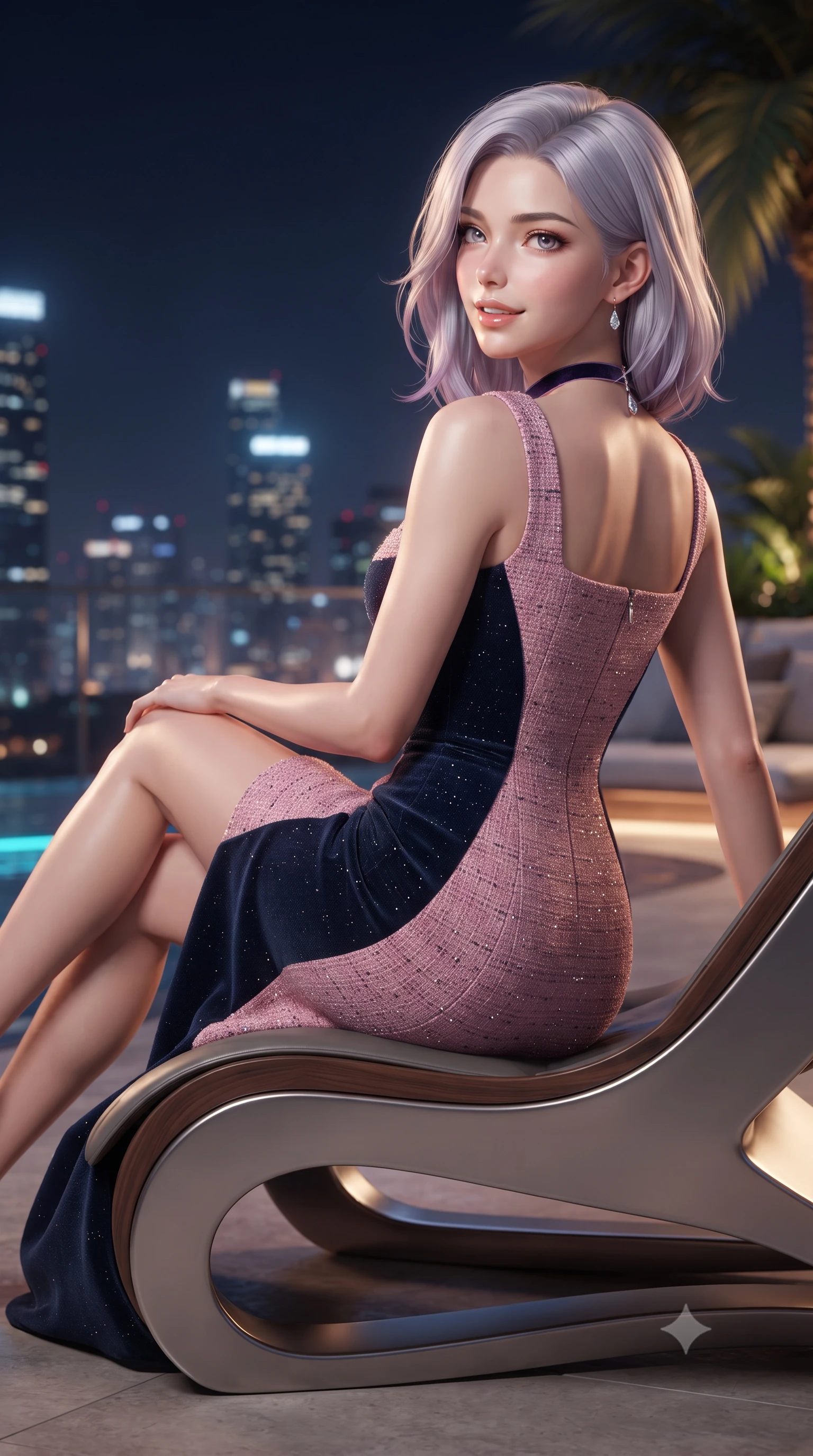 score_9, masterpiece, best quality, ultra-detailed, high-budget anime keyframe, editorial fashion photography, tasteful artistic composition, Caucasian woman. close-up cowboy shot from the waist and thighs up, the character dominates the composition, filling the frame with her large presence. posing in an alluring rear three-quarter angle, looking over a bare shoulder with parted glossy lips, her hips cocked back to highlight her slim hourglass curve while lounging in the modern sculptured sunbed propped on one elbow with legs extended, displaying her long slender limbs and statuesque hourglass silhouette against the metropolis. The background shows a soft-focus palm fronds of the sky garden softened in billionaire sky park shallow focus. She has an exceptionally elegant, slender, and willowy female figure with an ultra-slim waist, flat toned midriff, narrow ribcage, and sculpted feminine hips creating an alluring, slim hourglass silhouette without bulk. sharp v-shaped jawline, high-bridge nose, intricate jewel-like sparkling eyes with depth, thick eyelashes, glossy parted lips with a natural peach sheen, bright cheerful beaming smile with an enchanting and coquettish sensual glint, exuding both youthful cute charm and seductive allure, flawlessly proportioned anatomical accuracy, strict slender model proportions, natural body alignment, perfectly sculpted long slender limbs, ultra-slim waistline, clean dynamic posture without body distortion. wearing a classical Habsburg empire-line pleated velvet evening gown with modest square neckline in Brittany pink granite rose and deep Atlantic navy, woven from structured British tweed with subtle metallic flecks, finished with a thin velvet ribbon choker and a single teardrop diamond pendant, the bespoke structured tailoring following the natural line of her 8.5-heads silhouette with refined elegance. bathed in the dynamic multi-colored ambient of the illuminated bay lasers contrasted with warm 2900K recessed deck cove downlights. ultra-reflective glossy finish, specular highlights, rich textural contrasts, high-contrast stereoscopic depth, volumetric dynamic lighting, 2k, ultra detail, master piece, 9:16 ratio