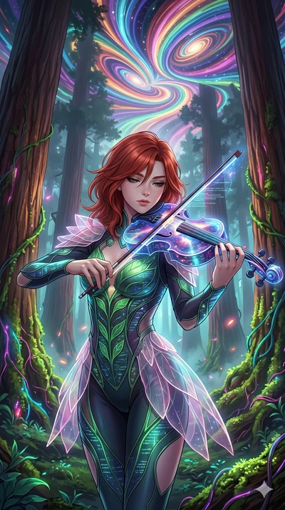 score_9, masterpiece, best quality, ultra-detailed, Set A: High-budget Anime Keyframe, Caucasian (human ears) woman. Upper body close-up from the thighs up, character filling the screen for maximum presence. Theme: Abstract Cosmic. playing a holograp