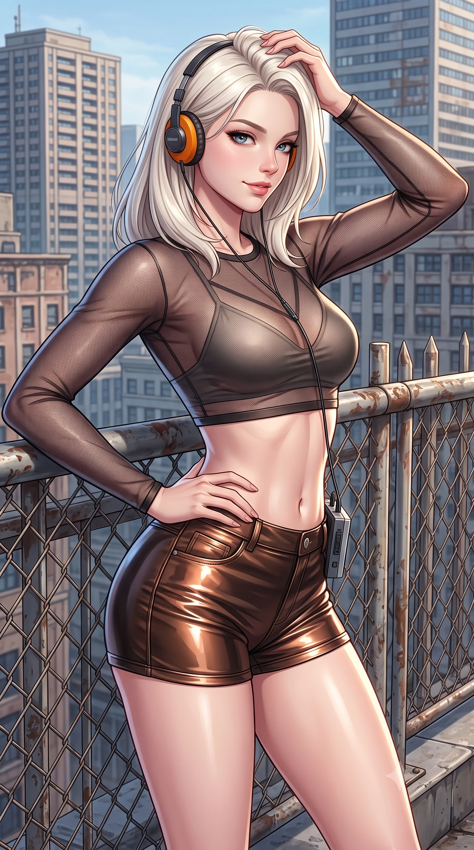 score_9, masterpiece, best quality, ultra-detailed, high-budget anime keyframe, semi-realistic 3D game render, editorial fashion photography, tasteful artistic composition, Caucasian woman. close-up cowboy shot from the waist and thighs up, the character dominates the composition, filling the frame with her large presence. twisting her slender torso in an alluring contrapposto stance, one hand resting on her sculpted hip while her fingers toy with her hair with effortless poise while leaning against the rooftop perimeter fence with relaxed alluring grace, looking back over her shoulder with an intoxicating bedroom-gaze. The surrounding environment is rendered in vivid detail and crisp panoramic clarity: detailed second-skin jumpsuit cling, glossy lip sheen, and retro high-rise architectural lines in high resolution. She has an exceptionally elegant, slender, and willowy female figure with an ultra-slim waist, flat toned midriff, narrow ribcage, and sculpted feminine hips creating an alluring, slim hourglass silhouette without bulk. sharp v-shaped jawline, high-bridge nose, sparkling eyes with hypnotic seductive depth, thick curled eyelashes, glossy parted lips with a natural dewy peach sheen, alluring bedroom-eyes with an enchanting coquettish smile, exuding magnetic siren charisma and sophisticated glamour, flawlessly proportioned anatomical accuracy, strict slender model proportions, natural body alignment, perfectly sculpted long slender limbs, ultra-slim waistline, clean dynamic posture without body distortion. wearing a sheer athletic mesh long-sleeve crop top layered over an opaque strappy micro-bralette and tight leatherette shorts in sultry espresso bronze and metallic copper, crafted from wet-look high-gloss vinyl fabric with dazzling specular surface reflections, complemented by a retro cassette walkman with vintage foam-padded orange headphones, the liquid-tight tailored fabric clinging flawlessly to her narrow waist and rounded feminine hips, emphasizing every millimeter of her sculpted slim hourglass curves without any bulky heaviness. illuminated by helipad floodlight bounce and sharp platinum rim lights sculpting her jawline, flat midriff, and curvaceous hips. highly saturated vibrant anime colors, detailed shading with soft gradients, rich glossy textures, high-contrast stereoscopic depth, volumetric dynamic lighting, master piece, 9:16 ratio