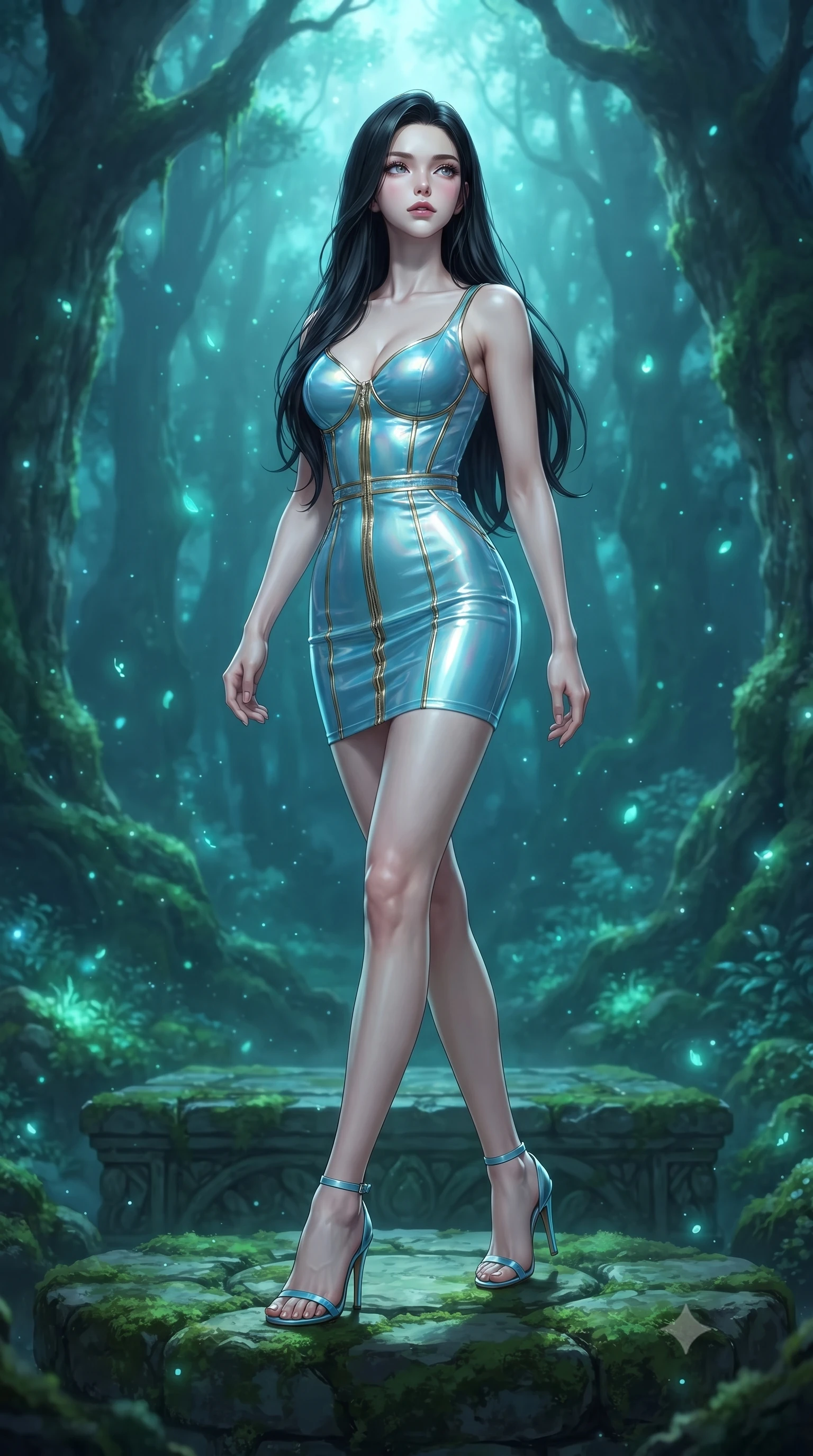 score_9, masterpiece, best quality, ultra-detailed, high-budget anime keyframe, editorial fashion photography, tasteful artistic composition, Korean woman. low angle full-body shot from head to toe showing her feet, filling the entire 9:16 vertical frame with her statuesque presence, stretching her vertical silhouette. navigating the celestial sanctuary with an effortless, graceful stride, poised on a moss-covered stone altar as bioluminescent pollen drifts gently, moist forest mist refracting subtle bioluminescent light. She has an absolutely perfect, statuesque 8.5-heads proportion, an exceptionally tall and slender model-like female figure with impossibly long slender legs and an ultra-slim waist. sharp v-shaped jawline, high-bridge nose, intricate jewel-like eyes with depth, thick eyelashes, glossy lips with a natural sheen. wearing precision-fitted bodycon dress in high-gloss liquid pearl vinyl in sky blue turquoise, made of iridescent hologram organza, finished with metallic gold boning and sleek zipper points, following her slender form with tailored precision. bathed in soft emerald and cyan light from glowing forest spores. ultra-reflective glossy finish, specular highlights, metallic sheen, high-contrast stereoscopic depth, volumetric dynamic lighting, 2k, ultra detail, master piece, 9:16 ratio