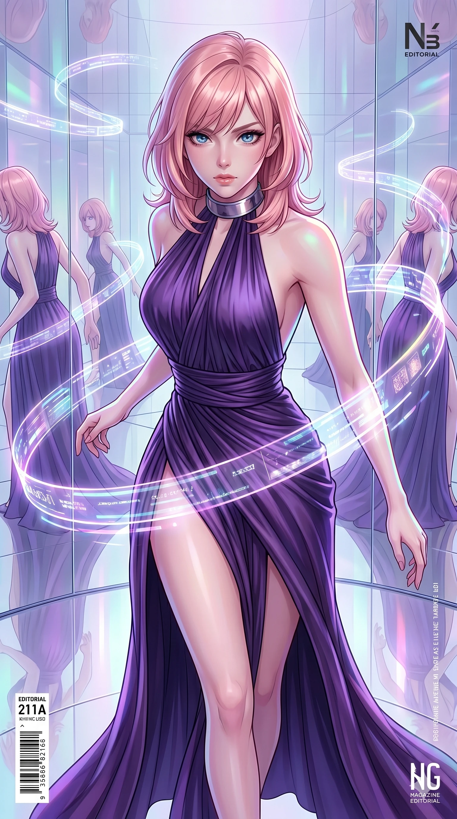 score_9, masterpiece, best quality, ultra-detailed, high-budget anime keyframe, editorial fashion photography, tasteful artistic composition, Japanese woman. upper body close-up from the thighs up, character filling the screen for maximum presence. lunging forward near through a surreal mirror gallery where reflections show alternative futuristic timelines as floating holographic data ribbons swirl in a graceful orbit. She has an absolutely perfect 8-heads proportion, an exceptionally tall and slender female figure with impossibly long slender legs and an ultra-slim waist. V-shaped jawline, high-bridge nose, intricate jewel-like eyes with depth, thick eyelashes, glossy lips with a natural sheen.. wearing a gothic liquid silk gown, featuring a deep purple liquid silk maxi gown draped around her, secured by a metallic choker collar, with a high side slit. enhanced by a luminous pastel spectrum glow, casting elegant rim lights on her shoulders and jawline. 2k, ultra detail, master piece, 9:16 ratio