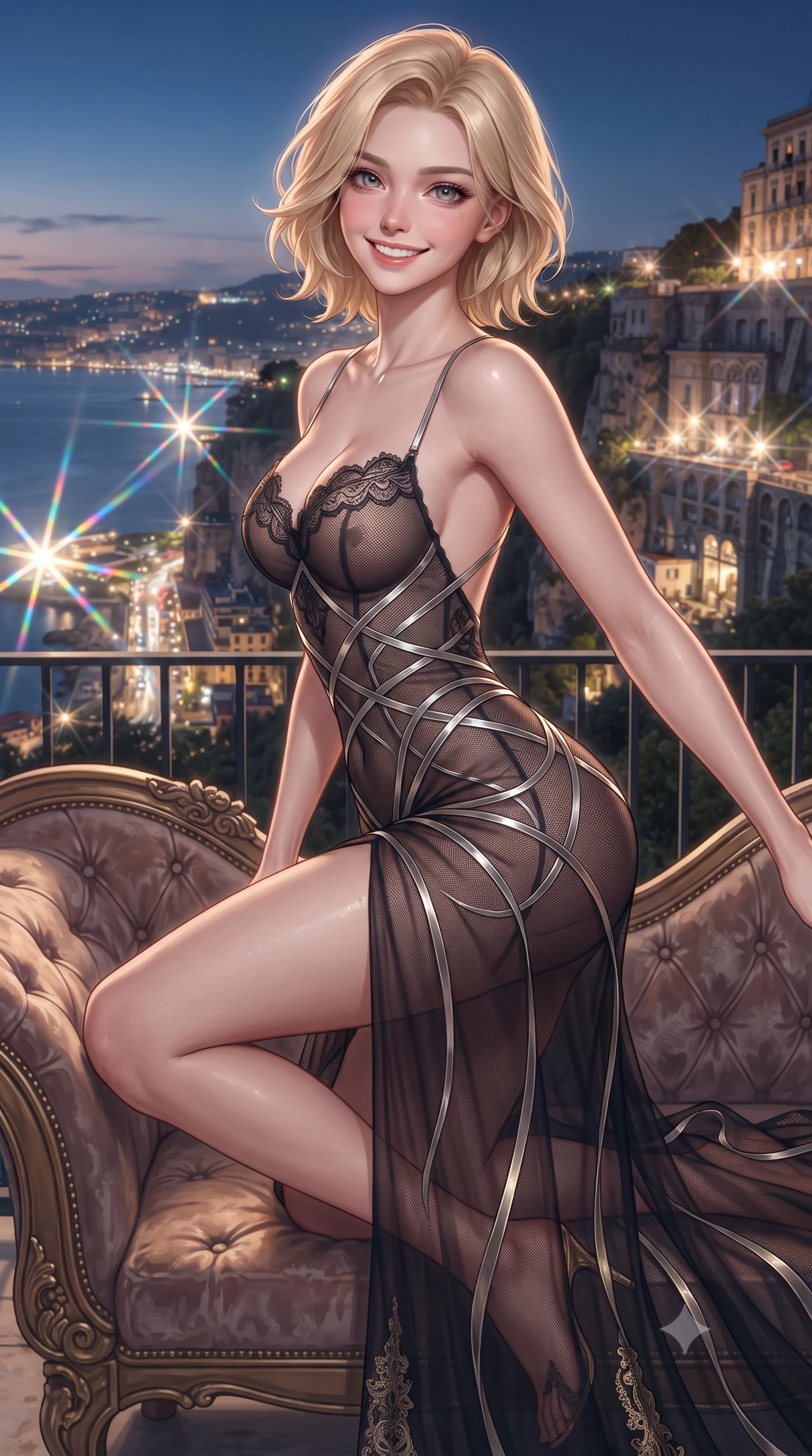 score_9, masterpiece, best quality, ultra-detailed, high-budget anime keyframe, editorial fashion photography, tasteful artistic composition, Caucasian woman. close-up cowboy shot from the waist and thighs up, the character dominates the composition, filling the frame with her large presence. perched sideways on the lounge seat, one knee drawn up to showcase her slender leg line while her arched back accentuates her feminine hip curve while twisting her slender torso in an alluring contrapposto stance, glowing Naples city lights casting prismatic flares across her flat midriff and curvy hips. The surrounding environment is rendered in vivid detail and crisp panoramic clarity: detailed alluring sheer illusion mesh gown, liquid silver ribbons contouring flat midriff, and cliffside engineering in high resolution. She has an exceptionally elegant, slender, and willowy female figure with an ultra-slim waist, flat toned midriff, narrow ribcage, and sculpted feminine hips creating an alluring, slim hourglass silhouette without bulk. sharp v-shaped jawline, high-bridge nose, intricate jewel-like sparkling eyes with depth, thick eyelashes, glossy parted lips with a natural peach sheen, bright cheerful beaming smile with an enchanting and coquettish sensual glint, exuding both youthful cute charm and seductive allure, flawlessly proportioned anatomical accuracy, strict slender model proportions, natural body alignment, perfectly sculpted long slender limbs, ultra-slim waistline, clean dynamic posture without body distortion. wearing a backless sheer chiffon peignoir gown with deep side slits clinging softly to her dewy skin in deep midnight obsidian black and liquid champagne gold, crafted from translucent silk organza with an ethereal crystalline sheen, finished with scalloped eyelash lace trim framing her sweetheart neckline with intimate elegance, the glove-like clinging cut tightly following the natural contour of her hips and long slender legs with youthful 8.5-heads elegance. illuminated by glass reflection fill and sharp platinum-gold rim lights sculpting her jawline, narrow waist, and curvy hips. ultra-reflective glossy finish, specular highlights, rich textural contrasts, high-contrast stereoscopic depth, volumetric dynamic lighting, 2k, ultra detail, master piece, 9:16 ratio