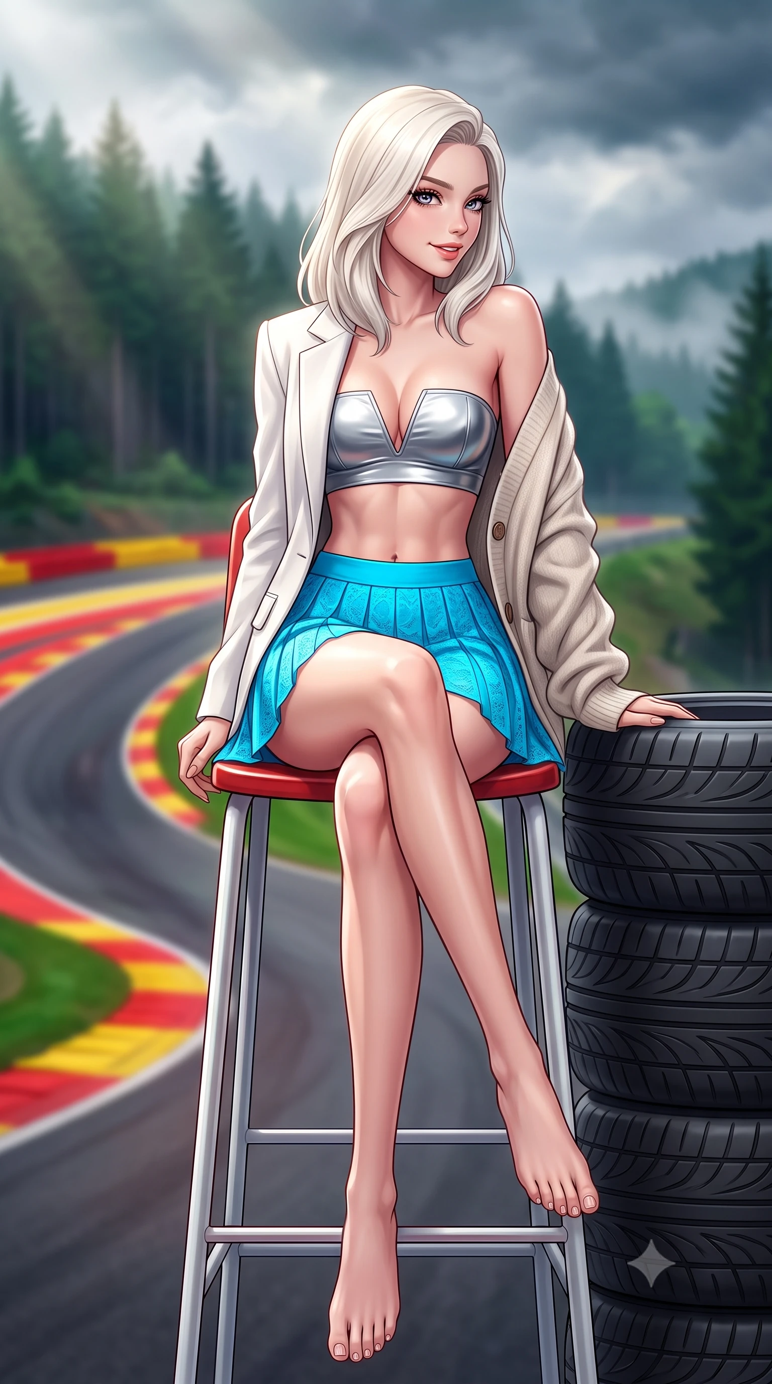 score_9, masterpiece, best quality, ultra-detailed, high-budget anime keyframe, semi-realistic 3D game render, editorial fashion photography, tasteful artistic composition, Caucasian woman. low angle full-body shot from head to toe showing her feet, filling the entire 9:16 vertical frame with her statuesque presence, stretching her vertical silhouette. sitting perched on the elevated umpire chair with legs crossed and hips angled toward the camera, displaying her toned midriff and long slender limbs with joyful, coquettish charm while leaning against the pit wall tire stack with hips cocked back, looking over a bare shoulder with an intoxicating, adrenaline-charged smile. The background shows a soft-focus the iconic curving red-and-yellow Eau Rouge curbs and towering pine-covered Ardennes hills blurred into forest green, crimson, and mist bokeh. She has an absolutely perfect, statuesque 8.5-heads proportion, an exceptionally tall and slender model-like female figure with impossibly long slender legs, an ultra-slim waist, a flat toned midriff, narrow delicate ribcage, and beautifully sculpted feminine hips creating a graceful, slim hourglass silhouette without any bulky heaviness. sharp v-shaped jawline, high-bridge nose, sparkling eyes with athletic focus and depth, thick curled eyelashes, glossy parted lips with a natural coral-peach sheen, bright confident and coquettish smile with alluring bedroom-eyes, exuding both youthful sporty vigor and sovereign high-society glamour, flawlessly proportioned anatomical accuracy, strict slender model proportions, natural body alignment, perfectly sculpted long slender limbs, ultra-slim waistline, clean dynamic posture without body distortion. wearing a tailored white blazer worn open over a plunging racing bandeau top and pleated tennis micro-skirt in metallic liquid silver and electric cyan, crafted from sheer delicate stretch lace reinforced with technical sport threads, complemented by an oversized cashmere knit cardigan slipping off one bare shoulder, the precision-cut side openings and low-back scoop framing her graceful spine and the sensual sweep of her slim, athletic hips. bathed in dynamic shifting Ardennes sunbeams breaking through moody forest clouds. highly saturated vibrant anime colors, detailed shading with soft gradients, rich glossy textures, high-contrast stereoscopic depth, volumetric dynamic lighting, master piece, 9:16 ratio