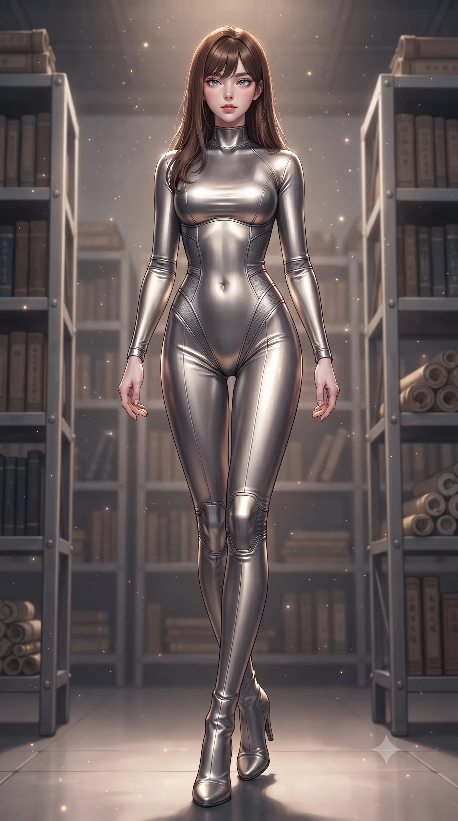 score_9, masterpiece, best quality, ultra-detailed, high-budget anime keyframe, editorial fashion photography, tasteful artistic composition, Korean woman. low angle full-body shot from head to toe showing her feet, filling the entire 9:16 vertical frame with her statuesque presence, stretching her vertical silhouette. stepping gracefully through floating stardust particles, her body-contouring suit showing her athletic, slender silhouette, the background shows a soft-focus a citadel library room with metal shelves, manuals, and technical archives. She has an absolutely perfect, statuesque 8.5-heads proportion, an exceptionally tall and slender model-like female figure with impossibly long slender legs and an ultra-slim waist. sharp v-shaped jawline, high-bridge nose, intricate jewel-like eyes with depth, thick eyelashes, glossy lips with a natural sheen. wearing a body-hugging body-hugging titanium-sheen mock-neck bodysuit, featuring elastic compression panels at the waist. soft warm reading lights creating a quiet, focused, and meditative mood. ultra-reflective glossy finish, specular highlights, metallic sheen, high-contrast stereoscopic depth, volumetric dynamic lighting, 2k, ultra detail, master piece, 9:16 ratio