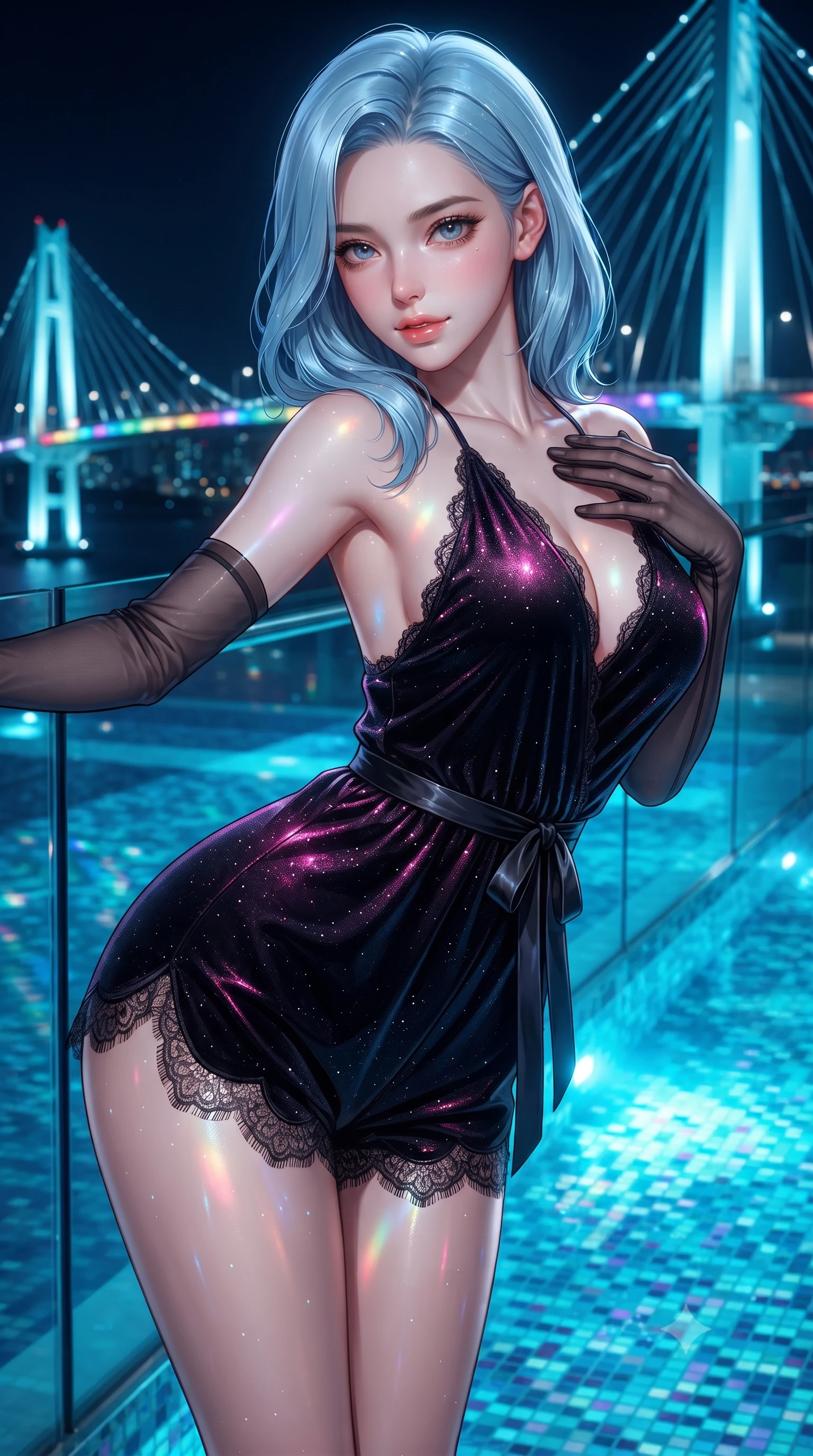 score_9, masterpiece, best quality, ultra-detailed, high-budget anime keyframe, editorial fashion photography, tasteful artistic composition, Korean woman. close-up cowboy shot from the waist and thighs up, the character dominates the composition, filling the frame with her large presence. leaning forward while arching her lower back to accentuate her curvy hips, looking into the camera with an intoxicating smoldering gaze and bedroom-eyes while twisting her slender torso in an alluring S-curve, emerald and ruby bridge illuminations reflecting across her bare skin, flat midriff, and curvy hips. The surrounding environment is rendered in vivid detail and crisp panoramic clarity: sharp glass guardrail bevels, iridescent glass mosaic tile patterns in pool basin, and bridge suspension cable lattice in deep focus. She has an exceptionally elegant, slender, and willowy female figure with an ultra-slim waist, flat toned midriff, narrow ribcage, and sculpted feminine hips creating an alluring, slim hourglass silhouette without bulk. sharp v-shaped jawline, high-bridge nose, sparkling eyes with hypnotic seductive depth, thick curled eyelashes, glossy parted lips with a natural dewy peach sheen, alluring bedroom-eyes with an enchanting coquettish smile, exuding magnetic siren charisma and sophisticated glamour, flawlessly proportioned anatomical accuracy, strict slender model proportions, natural body alignment, perfectly sculpted long slender limbs, ultra-slim waistline, clean dynamic posture without body distortion. wearing a plunge-neck stretch velvet romper with scalloped eyelash-lace hems and a cinched waist ribbon in wet-look onyx black with electric magenta reflections, woven from stretch metallic lurex jersey casting radiant starlight glints across her silhouette, complemented by sheer opera-length evening gloves tracing her slender arms, the liquid-tight tailored fabric clinging flawlessly to her narrow waist and rounded feminine hips, emphasizing every millimeter of her sculpted slim hourglass curves without any bulky heaviness. bathed in brilliant underwater cyan LED lighting combined with vivid multi-colored illuminations from the Rainbow Bridge. ultra-reflective glossy finish, specular highlights, rich textural contrasts, high-contrast stereoscopic depth, volumetric dynamic lighting, 2k, ultra detail, master piece, 9:16 ratio
