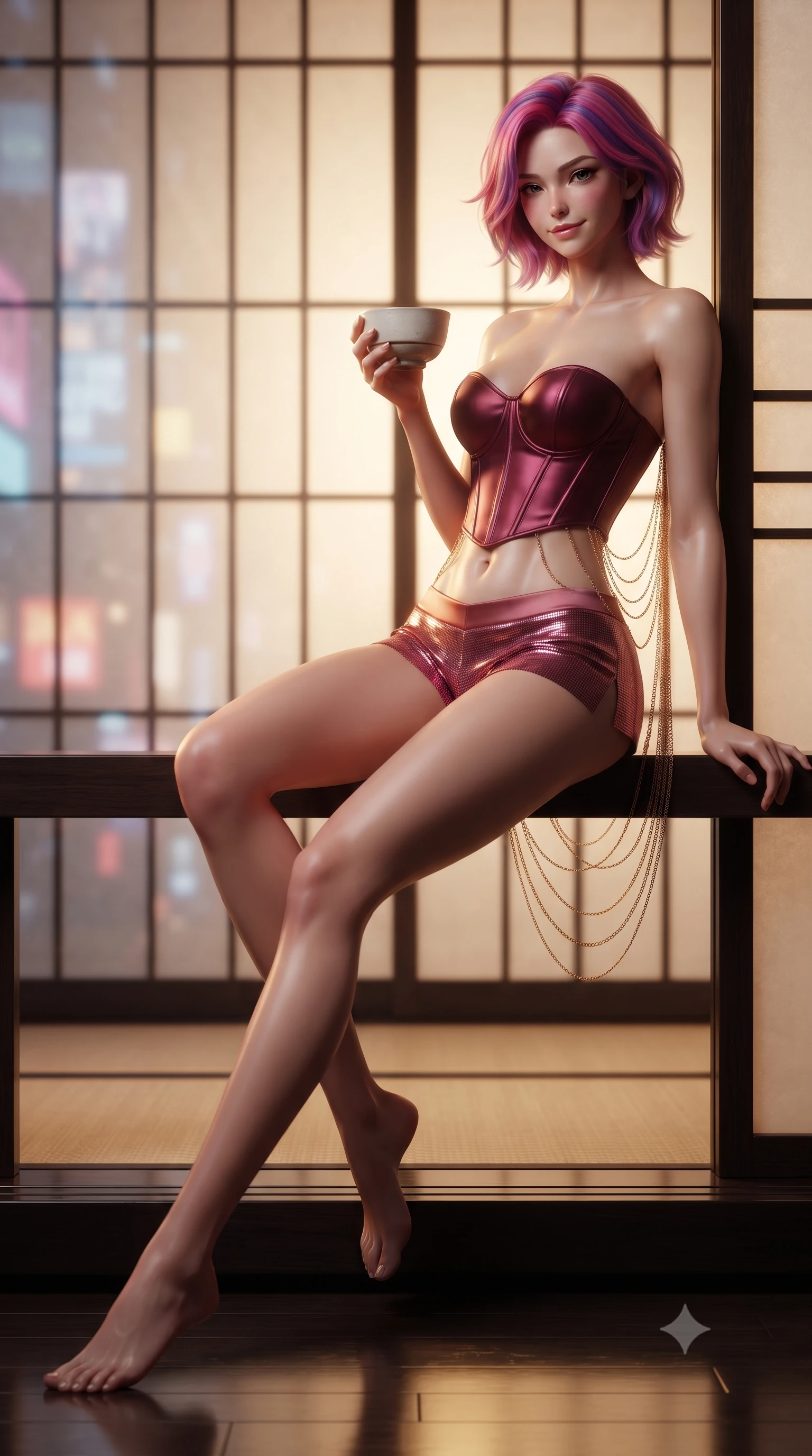 score_9, masterpiece, best quality, ultra-detailed, high-budget anime keyframe, editorial fashion photography, tasteful artistic composition, Caucasian woman. low angle full-body shot from head to toe showing her feet, filling the entire 9:16 vertical frame with her statuesque presence, stretching her vertical silhouette. lounging on the lavish daybed with legs crossed and hips angled toward the camera, displaying her toned midriff and long slender limbs with effortless siren poise while perched sideways on the lacquered pavilion threshold with legs extended, holding a modern ceramic tea bowl with dangerous coquettish cool. The background shows a soft-focus minimalist sliding shoji screens softened in neo-oriental cyberpunk shallow focus. She has an absolutely perfect, statuesque 8.5-heads proportion, an exceptionally tall and slender model-like female figure with impossibly long slender legs, an ultra-slim waist, a flat toned midriff, narrow delicate ribcage, and beautifully sculpted feminine hips creating a graceful, slim hourglass silhouette without any bulky heaviness. sharp v-shaped jawline, high-bridge nose, sparkling eyes with hypnotic seductive depth, thick curled eyelashes, glossy parted lips with a natural dewy peach sheen, alluring bedroom-eyes with an enchanting coquettish smile, exuding magnetic siren charisma and sophisticated glamour, flawlessly proportioned anatomical accuracy, strict slender model proportions, natural body alignment, perfectly sculpted long slender limbs, ultra-slim waistline, clean dynamic posture without body distortion. wearing a strapless boned satin corset bodice paired with low-waisted tailored satin hot-pants in smoldering crimson wine and deep rose-gold, crafted from shimmering fluid chainmail mesh reflecting ambient lights, accented with an open-back drape framed by falling strands of delicate gold chains, the liquid-tight tailored fabric clinging flawlessly to her narrow waist and rounded feminine hips, emphasizing every millimeter of her sculpted slim hourglass curves without any bulky heaviness. illuminated by lacquer floor reflection bounce and sharp warm-gold rim lights sculpting her jawline, ultra-slim waist, and curvy hips. ultra-reflective glossy finish, specular highlights, rich textural contrasts, high-contrast stereoscopic depth, volumetric dynamic lighting, 2k, ultra detail, master piece, 9:16 ratio