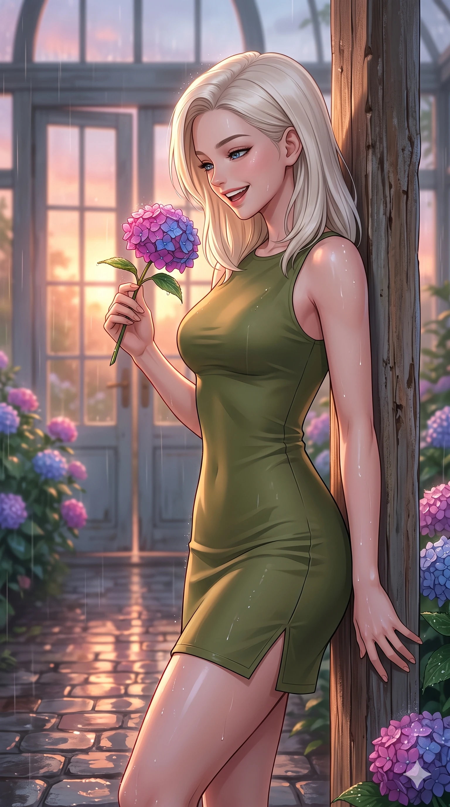 score_9, masterpiece, best quality, ultra-detailed, high-budget anime keyframe, vibrant anime aesthetic, Caucasian woman, strictly human ears. close-up cowboy shot from the waist and thighs up, the character dominates the composition, filling the frame with her large presence, background elements kept in soft focus. She is laughing happily while looking down at a blooming rain-drenched flower, her eyes glowing with lively energy leaning against a rustic wooden column. the background shows a soft-focus botanical conservatory entrance with large glass double doors, surrounded by rain-drenched hydrangeas (Code-P22-114). She has an absolutely perfect proportion, an exceptionally elegant and slender female figure with an ultra-slim waist. V-shaped jawline, high-bridge nose, intricate jewel-like eyes with depth, thick eyelashes, glossy lips with a natural sheen. wearing a sleek bodycon dress featuring refined side vent accents in olive green. She is bathed in glowing sunset light reflecting off wet cobblestones, creating a warm, inviting, and atmospheric glow during the twilight rain. 2k, ultra detail, master piece, 9:16 ratio