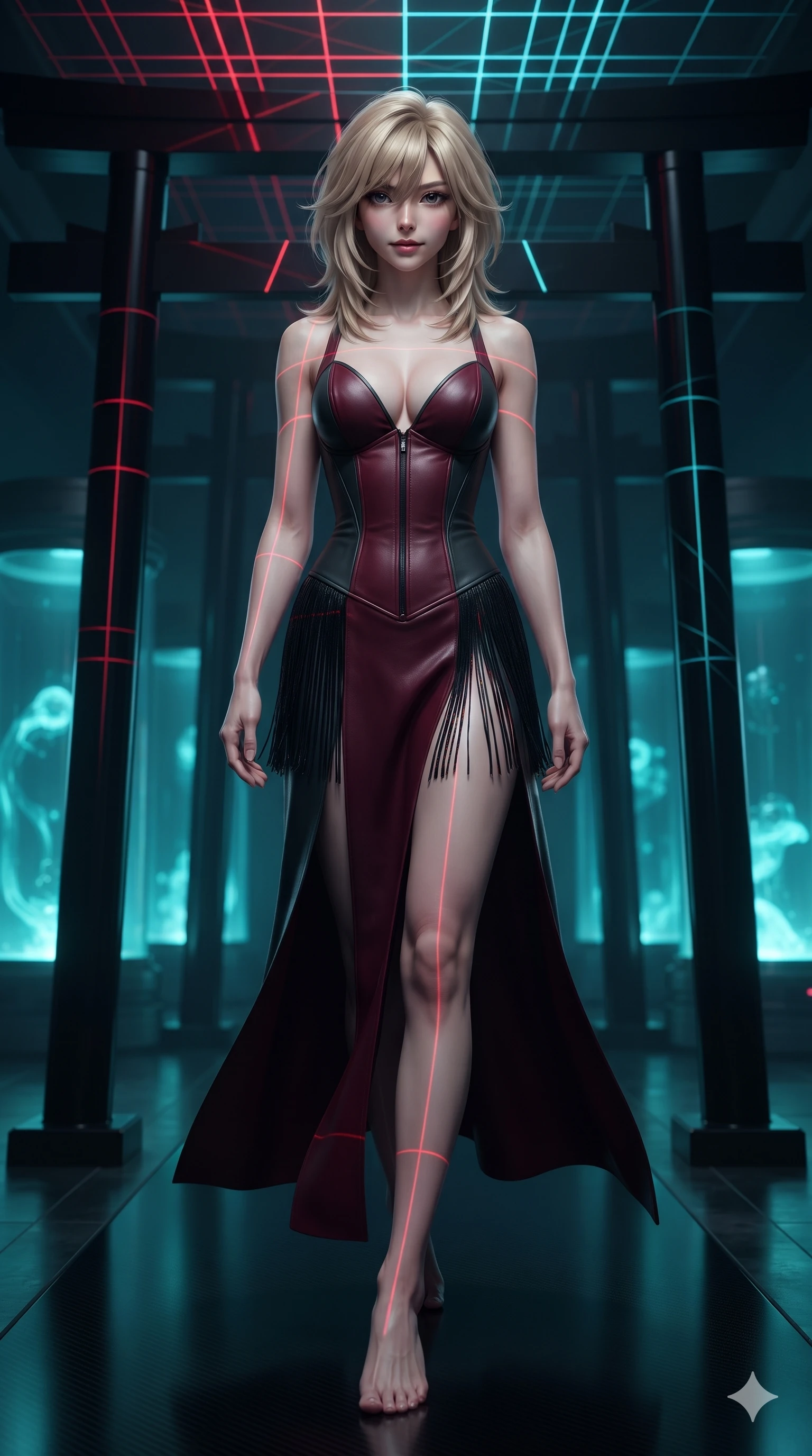 score_9, masterpiece, best quality, ultra-detailed, high-budget anime keyframe, editorial fashion photography, tasteful artistic composition, Japanese woman. low angle full-body shot from head to toe showing her feet, filling the entire 9:16 vertical frame with her statuesque presence, stretching her vertical silhouette. walking through the endless corridor of black lacquer Torii gates at midnight with hypnotic feline grace while poised on a dark carbon-fiber platform while laser calibration grids scan the room, glowing cyan stasis fluid casting ethereal inner glow through dark glass. The background shows a soft-focus cylindrical stasis chambers glowing with cyan bioluminescent fluid, distant server monoliths, and neon scan grids blurred into cyan, cobalt, and obsidian bokeh. She has an absolutely perfect, statuesque 8.5-heads proportion, an exceptionally tall and slender model-like female figure with impossibly long slender legs, an ultra-slim waist, a flat toned midriff, narrow delicate ribcage, and beautifully sculpted feminine hips creating a graceful, slim hourglass silhouette without any bulky heaviness. sharp v-shaped jawline, high-bridge nose, intricate jewel-like dark sparkling eyes with hypnotic seductive depth, thick curled eyelashes, glossy parted lips with a natural wine sheen, alluring bedroom-eyes with an enigmatic smoldering smile, exuding magnetic sovereign charisma and dark avant-garde glamour, flawlessly proportioned anatomical accuracy, strict slender model proportions, natural body alignment, perfectly sculpted long slender limbs, ultra-slim waistline, clean dynamic posture without body distortion. wearing a low-cut gothic structured bodice gown with high leg slit in deep crimson burgundy and matte charcoal, made of supple butter-soft lambskin leather with a subtle satin sheen, finished with delicate jet-black micro-fringe fluttering softly along her hips with each step, accentuating her gracefully sculpted slender torso and statuesque proportions. illuminated by stasis fluid floor bounce and sharp electric-cyan rim lights defining her razor-sharp jawline, narrow waist, and curvy hips. ultra-reflective glossy finish, specular highlights, metallic sheen, high-contrast stereoscopic depth, volumetric dynamic lighting, 2k, ultra detail, master piece, 9:16 ratio