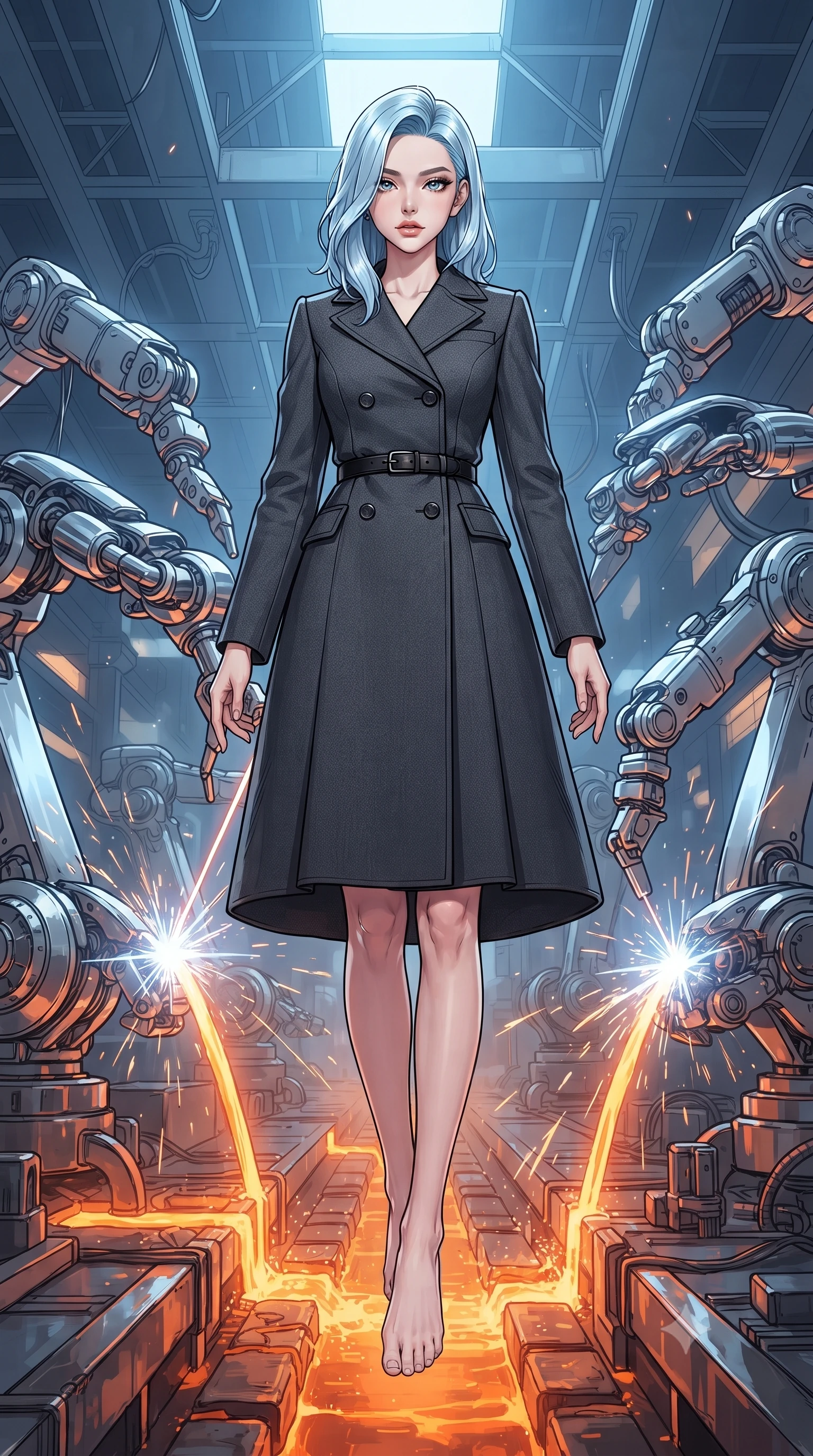 score_9, masterpiece, best quality, ultra-detailed, high-budget anime keyframe, gorgeous anime illustration, with clean line-art and distinct ink outlines, Korean woman. low angle full-body shot from head to toe showing her feet, filling the entire 9:16 vertical frame with her statuesque presence, stretching her vertical silhouette. floating with ethereal lightness within inside an automated factory with giant robotic arms assembling chrome drones, glowing orange liquid metal flowing in channels below and sparks flying from welding lasers. She has a statuesque 8.5-heads proportion, an exceptionally tall, slender and willowy model-like build with impossibly long legs and a highly sculpted ultra-slim waist. sharp v-shaped jawline, high-bridge nose, intricate jewel-like eyes with depth, thick eyelashes, glossy lips with a natural sheen. wearing a double-breasted charcoal coat dress with silver buttons, styled with a slim black leather belt. intense orange glow from the liquid metal from below, contrasted with sharp white laser flashes and cool blue factory lighting. 2k, ultra detail, master piece, 9:16 ratio, vibrant anime color palette, detailed cel-shading with soft gradients, rich contrast, dynamic lighting, 2d animation style
