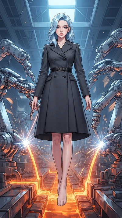 score_9, masterpiece, best quality, ultra-detailed, high-budget anime keyframe, gorgeous anime illustration, with clean line-art and distinct ink outlines, Korean woman. low angle full-body shot from head to toe showing her feet, filling the entire 9