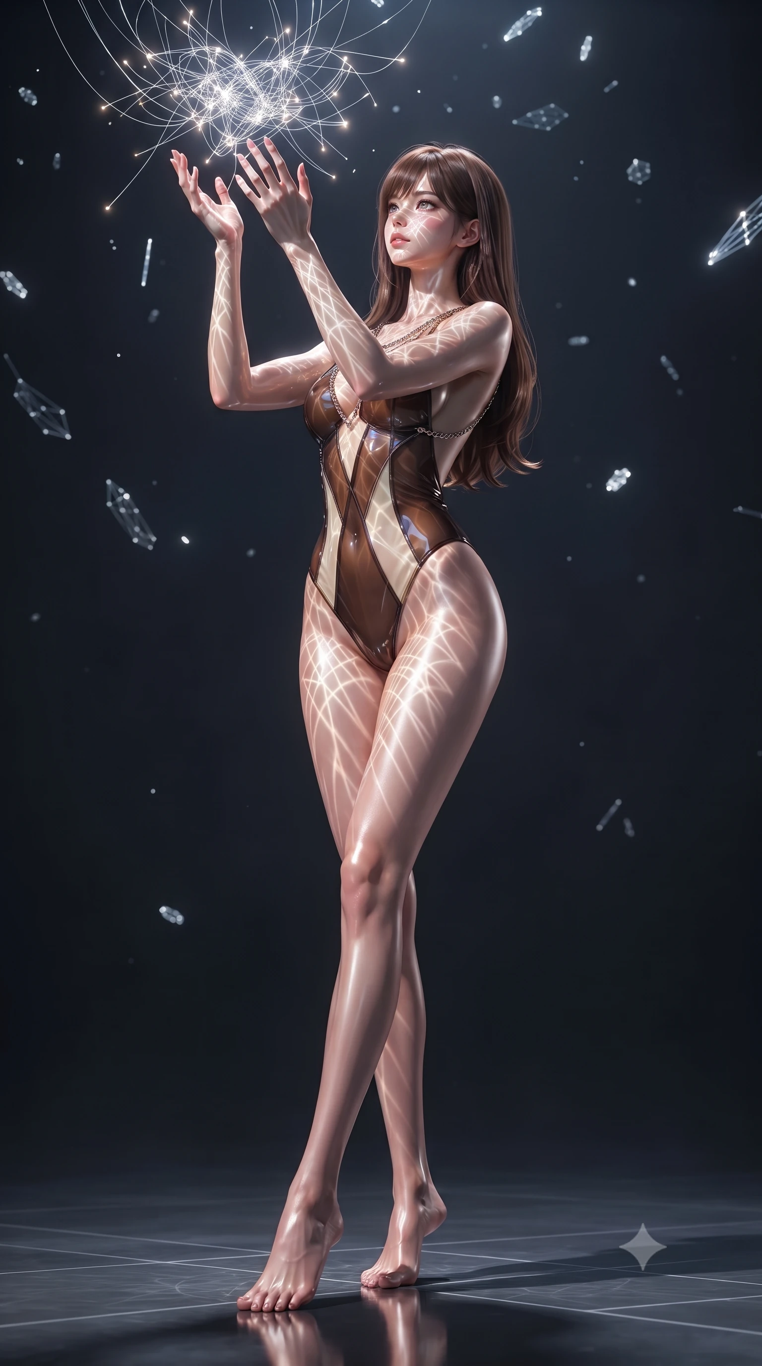score_9, masterpiece, best quality, ultra-detailed, high-budget anime keyframe, editorial fashion photography, tasteful artistic composition, Korean woman. low angle full-body shot from head to toe showing her feet, filling the entire 9:16 vertical frame with her statuesque presence, stretching her vertical silhouette. interacting gracefully with the magical floating elements while maintaining a confident posture touching a cluster of luminescent filament threads casting brilliant lattice beams, intricate geometric lattice patterns of light projected onto her skin. She has an absolutely perfect, statuesque 8.5-heads proportion, an exceptionally tall and slender model-like female figure with impossibly long slender legs and an ultra-slim waist. sharp v-shaped jawline, high-bridge nose, intricate jewel-like eyes with depth, thick eyelashes, glossy lips with a natural sheen. wearing a high-cut translucent vinyl leotard with front paneling and open back in espresso brown and warm cream, crafted from iridescent chiffon that shifts colors in the light, adorned with delicate metallic chain straps along the neckline, the glove-like fit emphasizing her statuesque silhouette. bathed in sharp geometric laser grid highlights and soft ambient fill. ultra-reflective glossy finish, specular highlights, metallic sheen, high-contrast stereoscopic depth, volumetric dynamic lighting, 2k, ultra detail, master piece, 9:16 ratio
