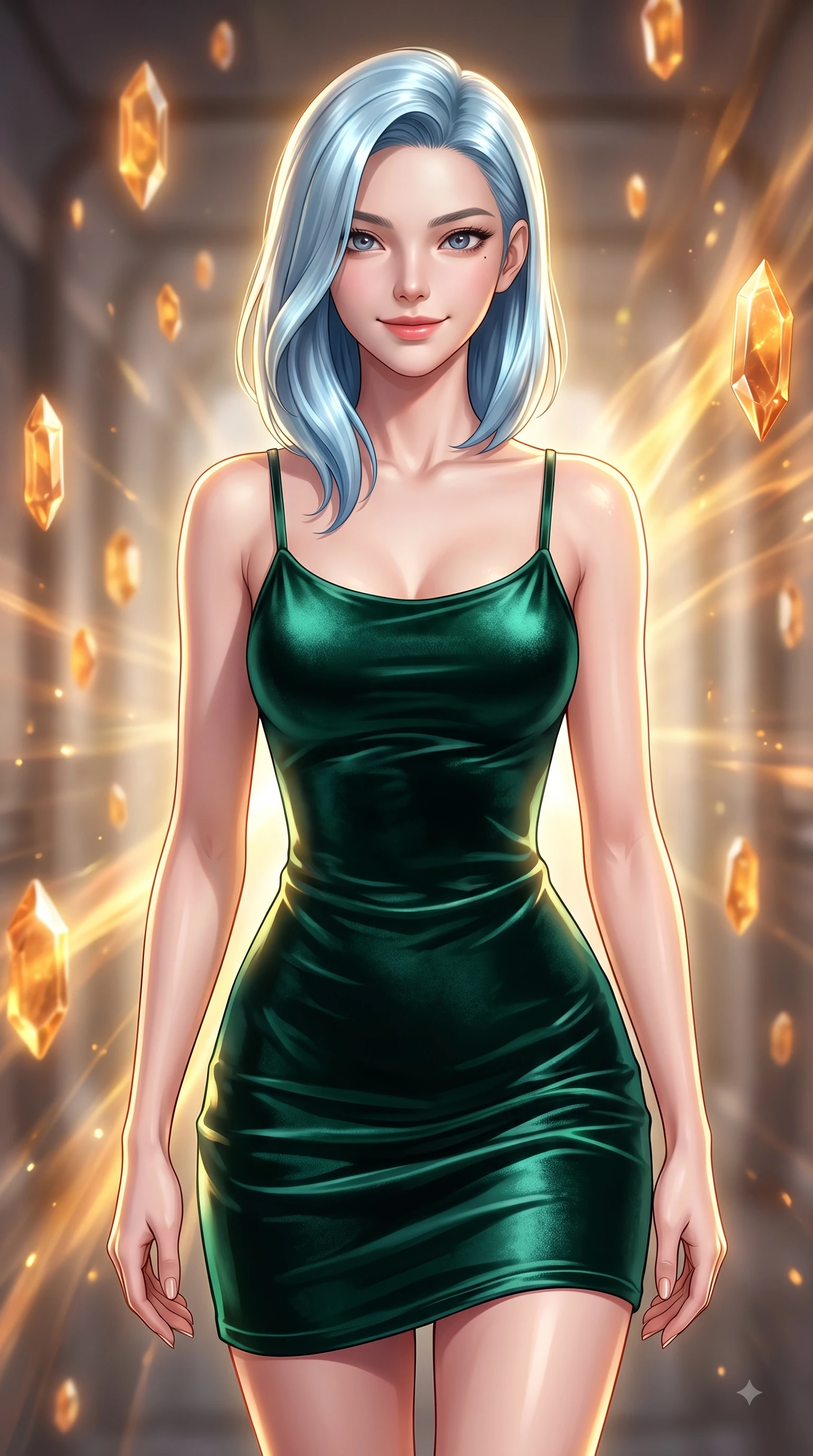 score_9, masterpiece, best quality, ultra-detailed, high-budget anime keyframe, editorial fashion photography, tasteful artistic composition, Korean woman woman. close-up cowboy shot from the waist and thighs up, the character dominates the composition, filling the frame with her large presence, background elements kept in soft focus. She has an exceptionally elegant, slender, and willowy female figure with an ultra-slim waist, a gracefully sculpted slender torso, and a refined silhouette. smiling with quiet, magnetic self-assurance directly into the camera lens, flawlessly proportioned anatomical accuracy, natural body alignment, perfectly sculpted elegant limbs, clean dynamic posture without body distortion. set against a soft-focus background of a temporal corridor with floating amber time crystals. wearing a fitted dark emerald velvet slip dress with a smooth liquid sheen and delicate straps. bathed in golden temporal energy flares casting dramatic volumetric rim lighting. highly saturated vibrant anime colors, detailed shading with soft gradients, rich glossy textures, high-contrast stereoscopic depth, volumetric dynamic lighting, master piece, 9:16 ratio