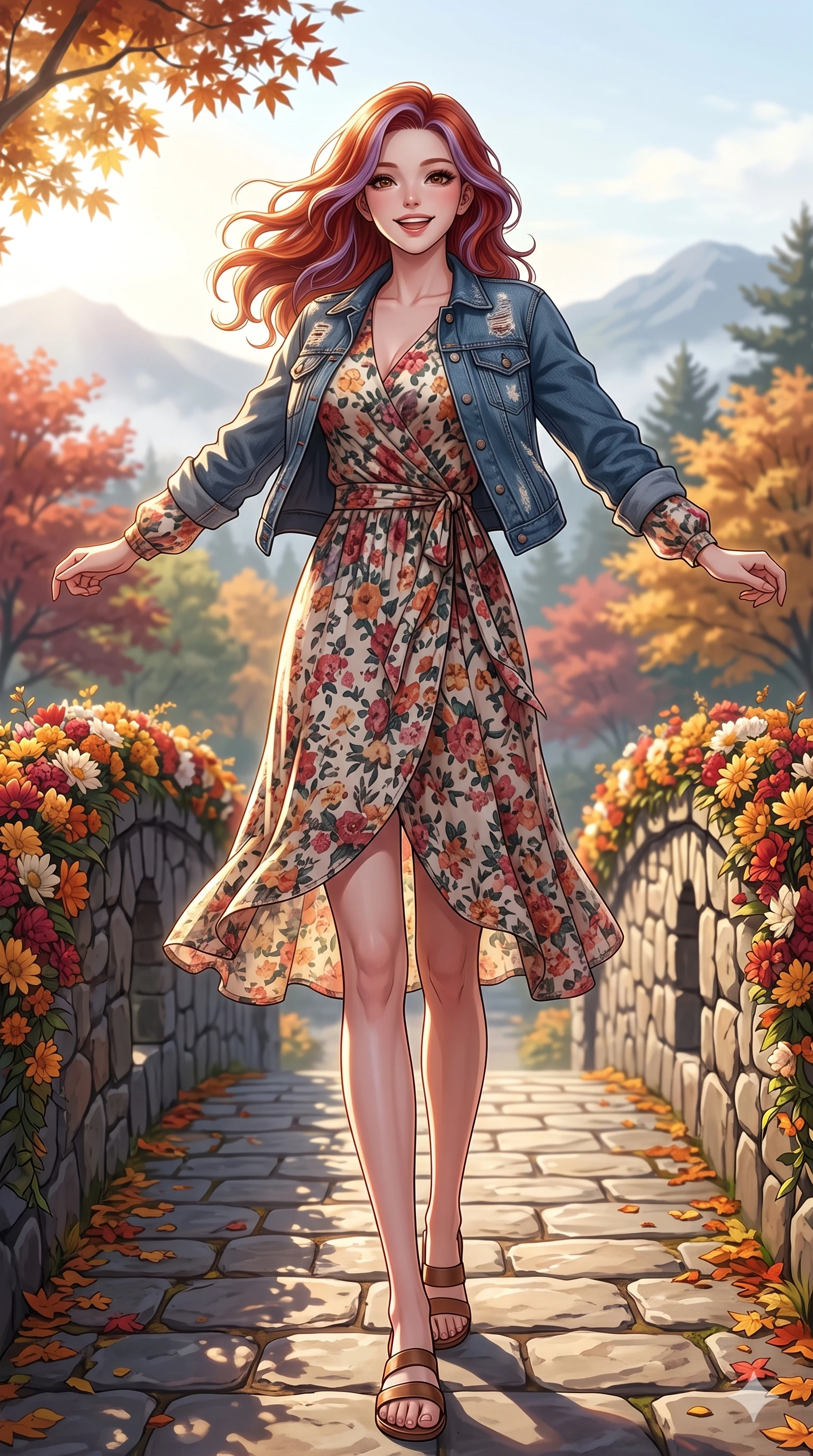 score_9, masterpiece, best quality, ultra-detailed, high-budget anime keyframe, vibrant anime aesthetic, Caucasian woman, strictly human ears. low angle full-body shot from head to toe showing her feet, filling the entire 9:16 vertical frame with her statuesque presence, stretching her vertical silhouette. She is posing with a joyful, energetic smile, stretching her arms out playfully on a stone bridge decorated with autumn flower garlands in the sun (Code-P21-038). She has an absolutely perfect 8-heads proportion, an exceptionally tall and slender female figure with impossibly long slender legs and an ultra-slim waist. V-shaped jawline, high-bridge nose, intricate jewel-like eyes with depth, thick eyelashes, glossy lips with a natural sheen. wearing a floral wrap midi dress with long sleeves and a denim jacket in autumn. She is dramatic volumetric lighting from the rising winter sun, accentuating her statuesque silhouette. 2k, ultra detail, master piece, 9:16 ratio