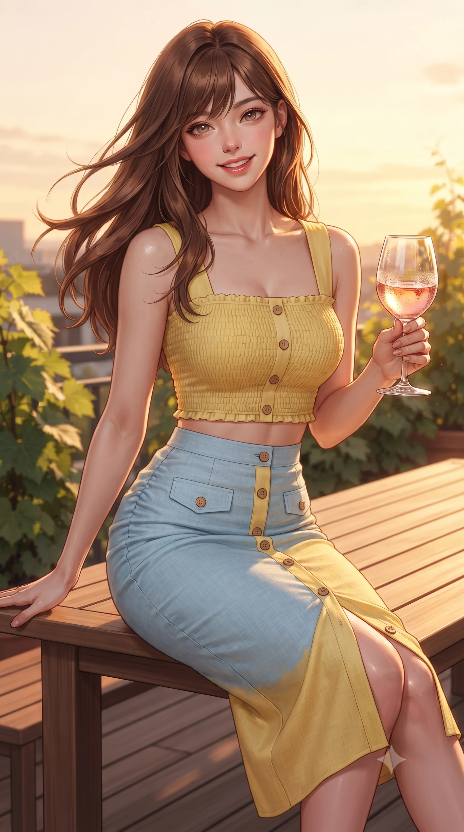 score_9, masterpiece, best quality, ultra-detailed, high-budget anime keyframe, editorial fashion photography, tasteful artistic composition, Korean woman. close-up cowboy shot from the waist and thighs up, the character dominates the composition, filling the frame with her large presence. turning playfully with a bright confident smile, her glossy hair tossing in the breeze as her hips angle gracefully in a captivating contrapposto while sitting perched on a sun-warmed wooden dining bench holding a glass of chilled rosé, her flat midriff and feminine hips glowing in the sunset. The surrounding environment is rendered in vivid detail and crisp panoramic clarity. sharp grapevine leaf textures, teak wood terrace plank grain, and wine glass condensation in deep focus. She has an exceptionally elegant, slender, and willowy female figure with an ultra-slim waist, flat toned midriff, narrow ribcage, and sculpted feminine hips creating an alluring, slim hourglass silhouette without bulk. sharp v-shaped jawline, high-bridge nose, intricate jewel-like sparkling eyes with depth, thick eyelashes, glossy parted lips with a natural peach sheen, bright cheerful beaming smile with an enchanting and coquettish sensual glint, exuding both youthful cute charm and seductive allure, flawlessly proportioned anatomical accuracy, strict slender model proportions, natural body alignment, perfectly sculpted long slender limbs, ultra-slim waistline, clean dynamic posture without body distortion. wearing a fitted square-neck smocked crop top paired with a curve-hugging ruched mermaid midi skirt in sunny daffodil yellow and clear sky blue, crafted from soft breathable linen with effortless natural drape, finished with neat front wooden buttons and delicate pocket details, the glove-like silhouette tightly following the natural contour of her hips and long slender legs with youthful 8.5-heads elegance. illuminated by warm timber deck bounce light sharply defining her sculpted collarbones, ultra-slim waist, and curvy hips. ultra-reflective glossy finish, specular highlights, rich textural contrasts, high-contrast stereoscopic depth, volumetric dynamic lighting, 2k, ultra detail, master piece, 9:16 ratio