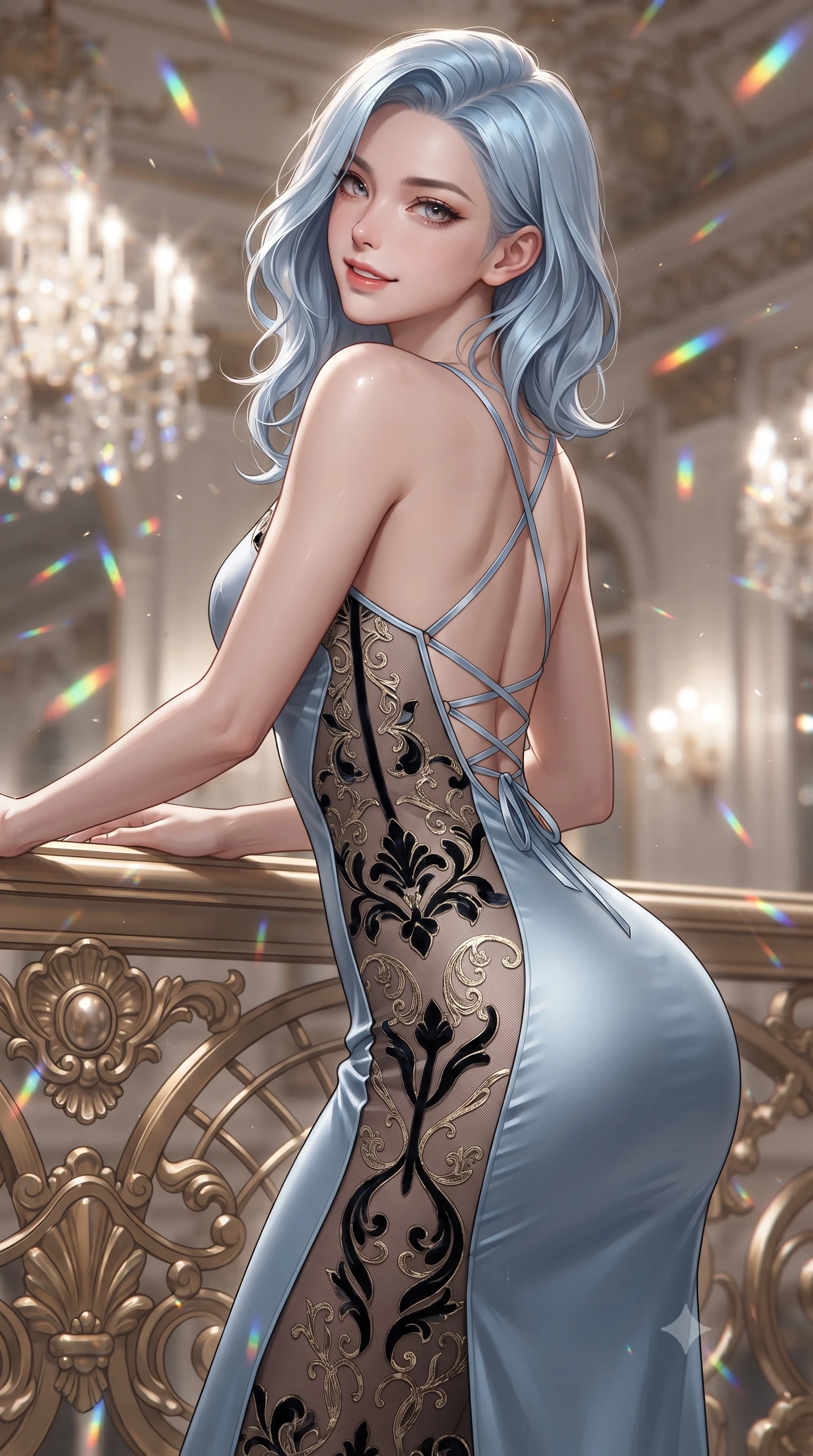 score_9, masterpiece, best quality, ultra-detailed, high-budget anime keyframe, editorial fashion photography, tasteful artistic composition, Korean woman. close-up cowboy shot from the waist and thighs up, the character dominates the composition, filling the frame with her large presence. turning over a bare shoulder with an intoxicating, teasing smile, her soft hair framing her sharp jawline as her hips angle gracefully while leaning back against an ornate gold-leaf balustrade under crystal chandeliers, head tilted back with bedroom-eyes locking onto the viewer. The composition keeps background elements in soft focus with creamy bokeh. sparkling chandelier prism refractions scattering dancing rainbow light motes across the hall. She has an exceptionally elegant, slender, and willowy female figure with an ultra-slim waist, a gracefully sculpted slender torso, toned flat midriff, and rounded feminine hips creating an alluring hourglass silhouette. sharp v-shaped jawline, high-bridge nose, intricate jewel-like eyes with depth, thick eyelashes, glossy parted lips with a natural sheen, intensely captivating and seductive bedroom-eyes expression, flawlessly proportioned anatomical accuracy, strict slender model proportions, natural body alignment, perfectly sculpted long slender limbs, ultra-slim waistline, clean dynamic posture without body distortion. wearing a second-skin powder-blue silk jersey slip dress with asymmetrical sheer mesh side panels in high-contrast black velvet and gold filigree, tailored from ultra-smooth duchess satin with a pearlescent courtly sheen, accented with criss-cross back satin ribbon lacing highlighting her shoulder blades, the liquid-tight tailored fabric clinging flawlessly to her narrow waist and rounded feminine hips, emphasizing every millimeter of her sculpted hourglass curves during movement. illuminated by crisp specular highlights defining her bare clavicle, ultra-slim waistline, and curvaceous hips. ultra-reflective glossy finish, specular highlights, rich textural contrasts, high-contrast stereoscopic depth, volumetric dynamic lighting, 2k, ultra detail, master piece, 9:16 ratio