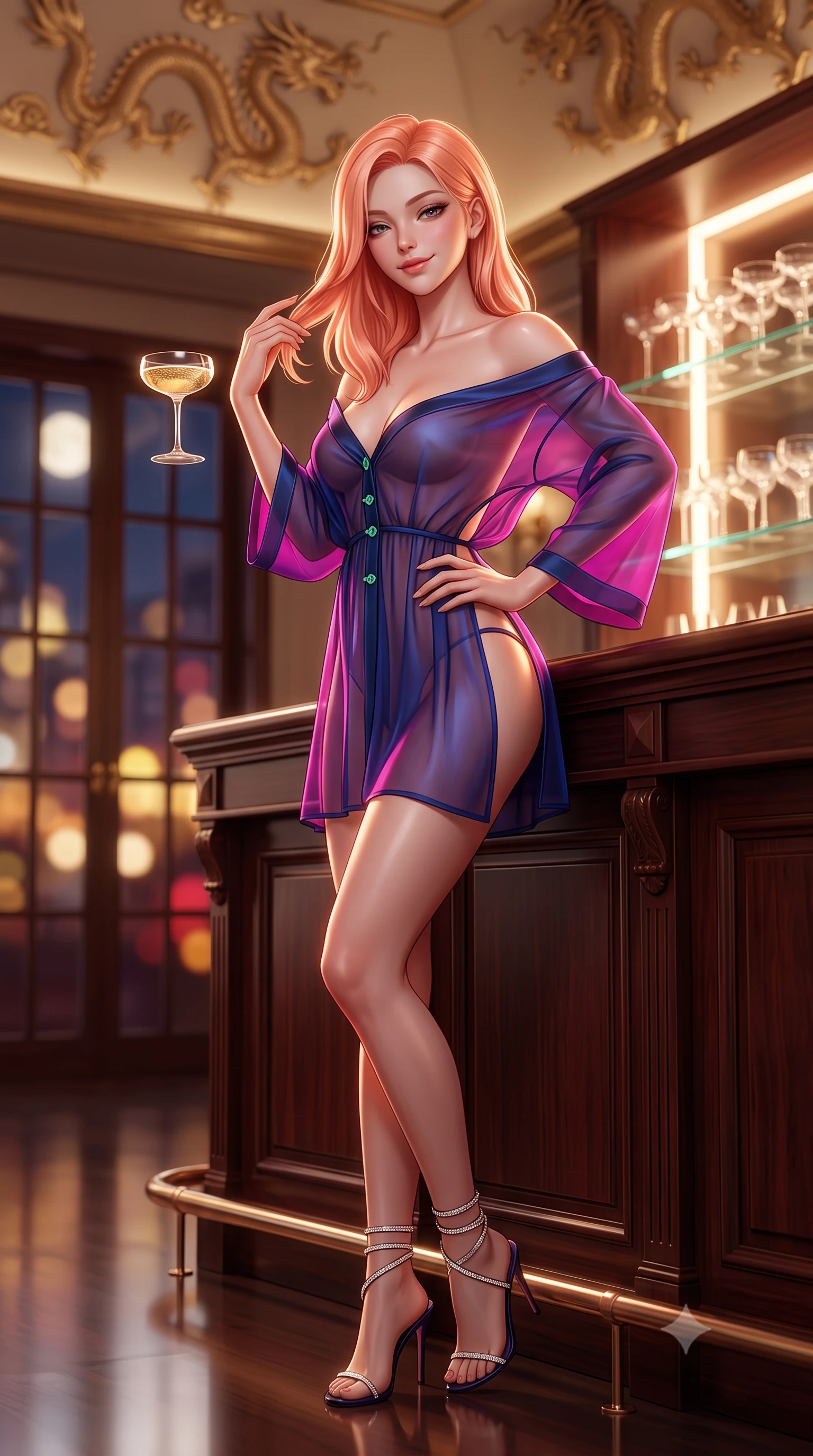 score_9, masterpiece, best quality, ultra-detailed, high-budget anime keyframe, semi-realistic 3D game render, editorial fashion photography, tasteful artistic composition, Japanese woman. close-up cowboy shot from the waist and thighs up, the character dominates the composition, filling the frame with her large presence. twisting her slender torso in an alluring contrapposto stance, one hand resting on her sculpted hip while her fingers toy with her hair with effortless poise while leaning against the antique rosewood cocktail bar with hips cocked back, holding a coupe of champagne with heavy-lidded smoldering eyes. The background shows a soft-focus gilded plaster dragon bas-reliefs on ceilings, rows of crystal champagne coupes on backlit glass shelves, and moonlit Bund windows blurred into gold, bordeaux, and amber bokeh. She has an exceptionally elegant, slender, and willowy female figure with an ultra-slim waist, flat toned midriff, narrow ribcage, and sculpted feminine hips creating an alluring, slim hourglass silhouette without bulk. sharp v-shaped jawline, high-bridge nose, intricate jewel-like sparkling eyes with depth, thick eyelashes, glossy parted lips with a natural peach sheen, bright cheerful beaming smile with an enchanting and coquettish sensual glint, exuding both youthful cute charm and seductive allure, flawlessly proportioned anatomical accuracy, strict slender model proportions, natural body alignment, perfectly sculpted long slender limbs, ultra-slim waistline, clean dynamic posture without body distortion. wearing an alluring semi-sheer silk chiffon boudoir peignoir slipping off bare shoulders with delicate jade button accents in Huangpu midnight sapphire and neon magenta, crafted from translucent silk organza with an ethereal crystalline sheen, complemented by strappy stiletto sandals with crystal ankle wraps accentuating her slender calves, the precision-cut side openings and low-back scoop framing her graceful spine and the sensual sweep of her slim, toned hips. illuminated by polished floor specular bounce and sharp rose-gold rim lights defining her dewy collarbones, ultra-slim waist, and curvy hips. highly saturated vibrant anime colors, detailed shading with soft gradients, rich glossy textures, high-contrast stereoscopic depth, volumetric dynamic lighting, master piece, 9:16 ratio
