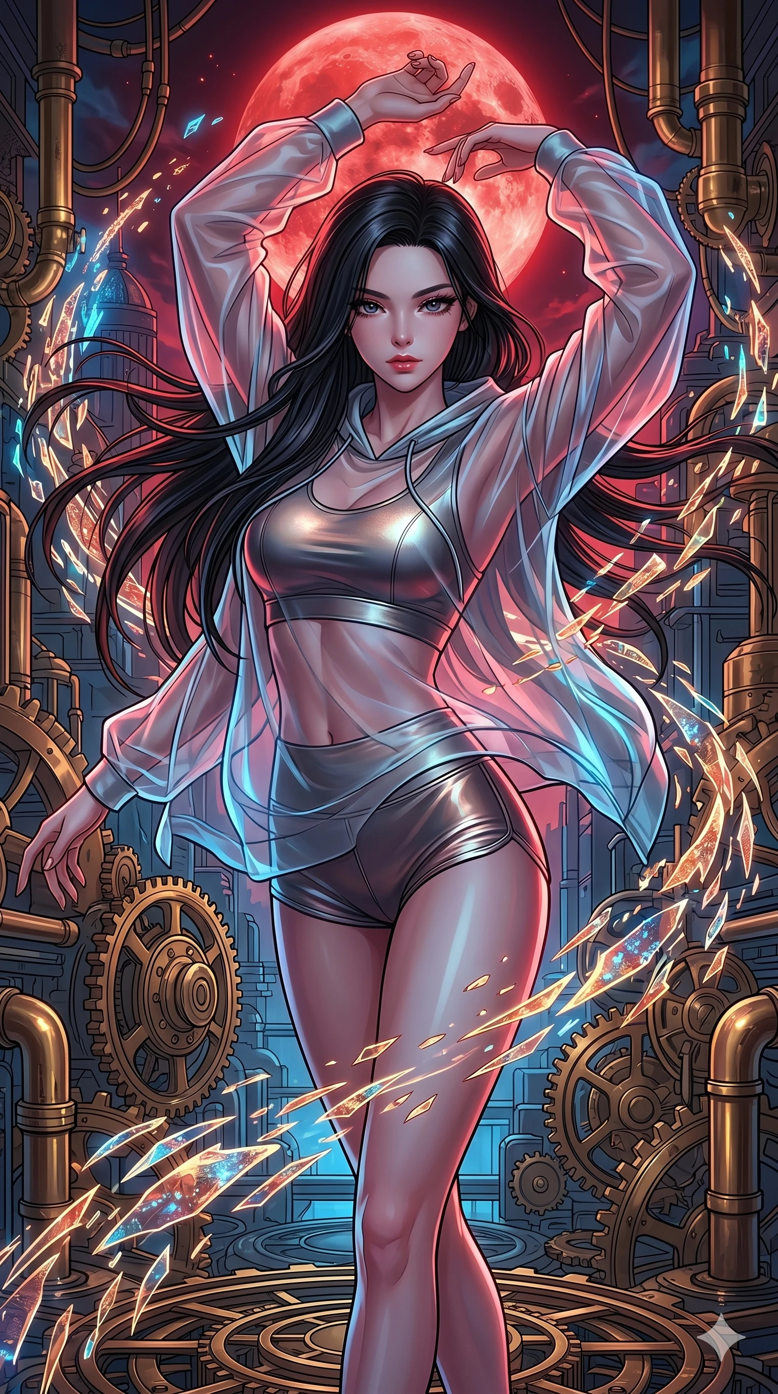 score_9, masterpiece, best quality, ultra-detailed, high-budget anime movie keyframe, cinematic anime lighting, intricate line art, Japanese woman. Upper body filling screen focusing on her alluring features and slim-fit silhouette. dancing with data-shards in a clockwork heart of a city under a blood moon. She has an absolutely perfect 8-heads proportion, an exceptionally tall and slender female figure with an ultra-slim waist and impossibly long slender legs. sharp v-shaped jawline, high-bridge nose, intricate jewel-like eyes, thick eyelashes, glossy lips. Wearing premium athleisure set with a metallic-finish compression top, high-cut yoga shorts that accentuate her long legs, and a sheer oversized hoodie. The scene is illuminated by dramatic atmospheric lighting and vibrant color palettes. , 2k, ultra detail, master piece, 9:16 ratio
