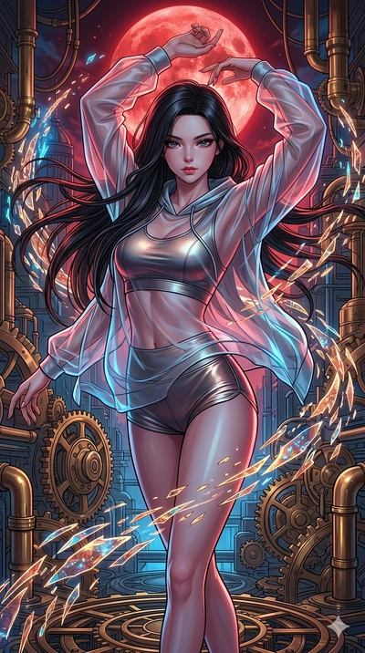 score_9, masterpiece, best quality, ultra-detailed, high-budget anime movie keyframe, cinematic anime lighting, intricate line art, Japanese woman. Upper body filling screen focusing on her alluring features and slim-fit silhouette. dancing with data