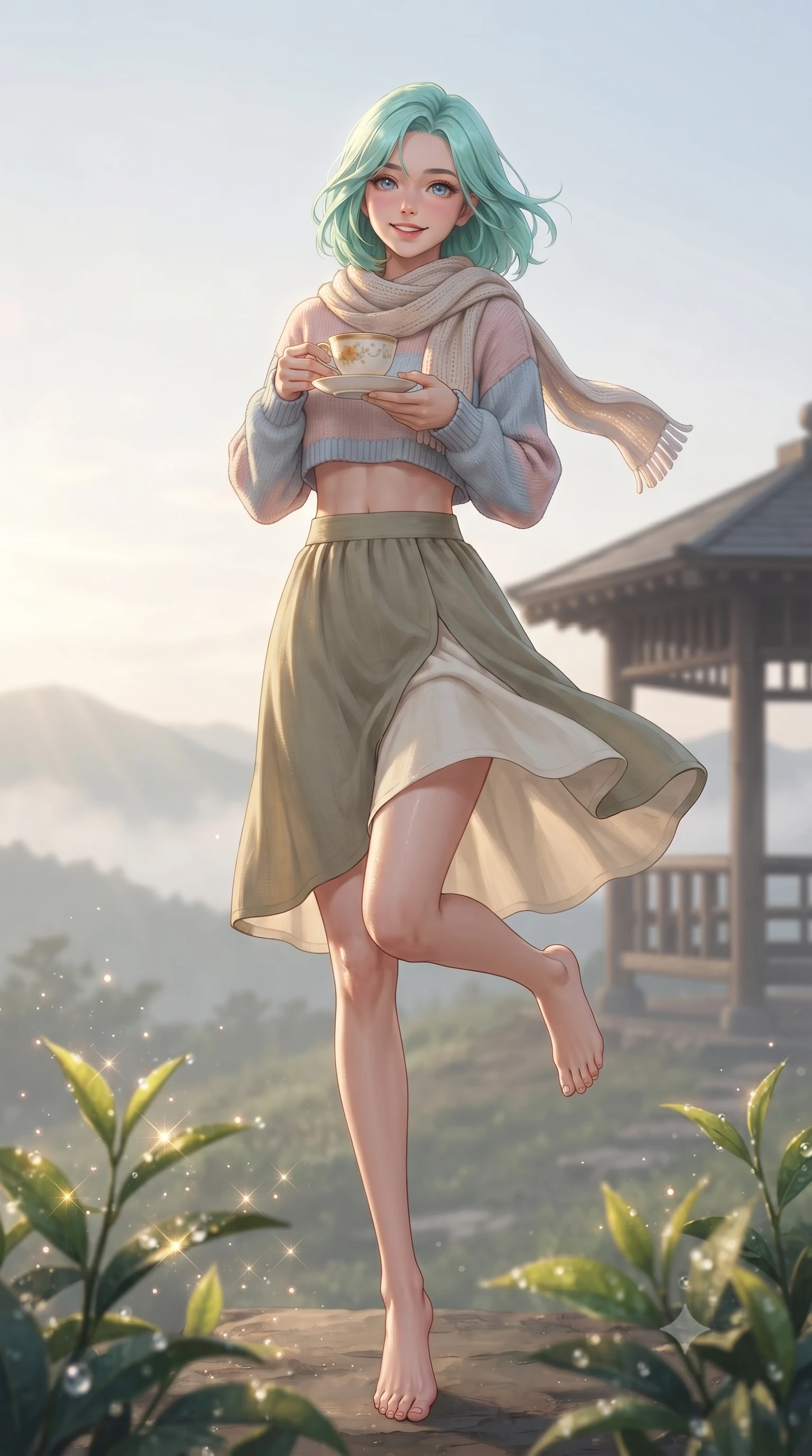 score_9, masterpiece, best quality, ultra-detailed, high-budget anime keyframe, editorial fashion photography, tasteful artistic composition, Japanese woman. low angle full-body shot from head to toe showing her feet, filling the entire 9:16 vertical frame with her statuesque presence, stretching her vertical silhouette. standing poised on one leg with a playful hop and joyful expression, her long legs and slender figure highlighted against the landscape while pausing at a traditional wooden gazebo on a misty ridge, holding a warm porcelain cup with a serene, sweet smile. The composition keeps background elements in soft focus with creamy bokeh. dewdrops on tea leaves catching early sunrise rays scattering sparkling diamond light motes. She has an absolutely perfect, statuesque 8.5-heads proportion, an exceptionally tall and slender model-like female figure with impossibly long slender legs, a toned flat midriff, and an ultra-slim waist. sharp v-shaped jawline, high-bridge nose, intricate jewel-like eyes with depth, thick eyelashes, glossy lips with a natural sheen, pure and lovely fresh girlhood expression, flawlessly proportioned anatomical accuracy, strict slender model proportions, natural body alignment, perfectly sculpted long slender limbs, ultra-slim waistline, clean dynamic posture without body distortion. wearing a stylish cropped pastel knit pullover paired with a high-waisted flowy A-line linen skirt in muted olive green and ivory cotton, crafted from soft breathable linen that flutters gently in the breeze, finished with a lightweight knitted scarf draped loosely around her neck, the chic real-way fashion cut emphasizing her effortless charm, flat midriff, and slender model proportions. illuminated by gentle morning sunbeams casting a warm, dewy glow on her skin and attire. ultra-reflective glossy finish, specular highlights, rich natural textures, high-contrast stereoscopic depth, volumetric dynamic lighting, 2k, ultra detail, master piece, 9:16 ratio
