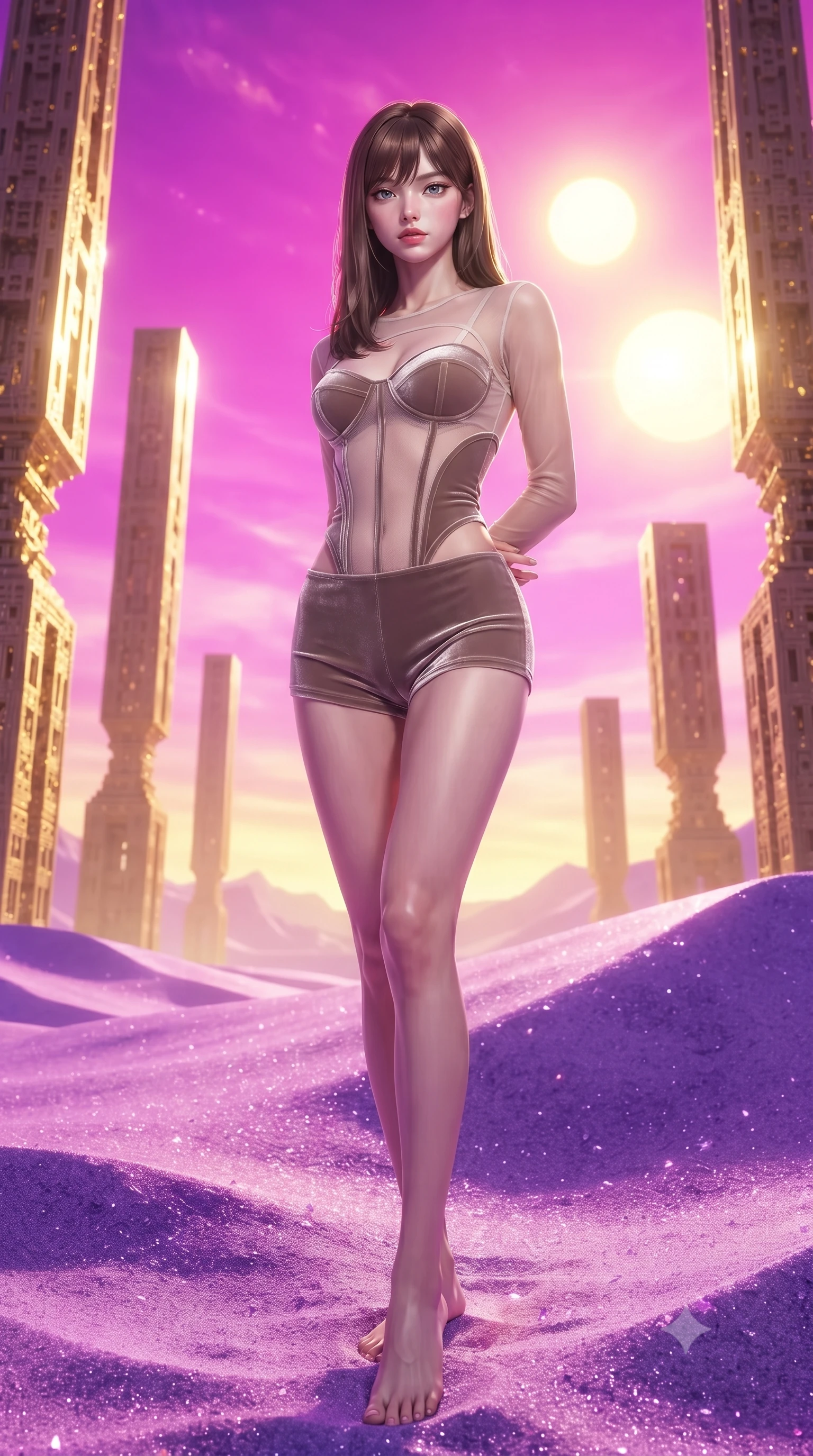 score_9, masterpiece, best quality, ultra-detailed, high-budget anime keyframe, editorial fashion photography, tasteful artistic composition, Korean woman. low angle full-body shot from head to toe showing her feet, filling the entire 9:16 vertical frame with her statuesque presence, stretching her vertical silhouette. navigating the luminous space with effortless poise, displaying her perfect model proportions standing on a high dune of violet crystal sand under a twin sun sunset, golden fractal geometric pillars rising majestically into a magenta sky. She has an absolutely perfect, statuesque 8.5-heads proportion, an exceptionally tall and slender model-like female figure with impossibly long slender legs and an ultra-slim waist. sharp v-shaped jawline, high-bridge nose, intricate jewel-like eyes with depth, thick eyelashes, glossy lips with a natural sheen. wearing a delicate see-through mesh top with structured cup boning and micro-shorts in muted taupe and soft ivory, made of premium stretch velvet with a rich sheen, featuring subtle geometric cutouts that highlight her ultra-slim midriff, the form-contouring material highlighting her ultra-slim waist and long lines. bathed in radiant magenta and gold sky glow with sharp mineral speculars. ultra-reflective glossy finish, specular highlights, metallic sheen, high-contrast stereoscopic depth, volumetric dynamic lighting, 2k, ultra detail, master piece, 9:16 ratio
