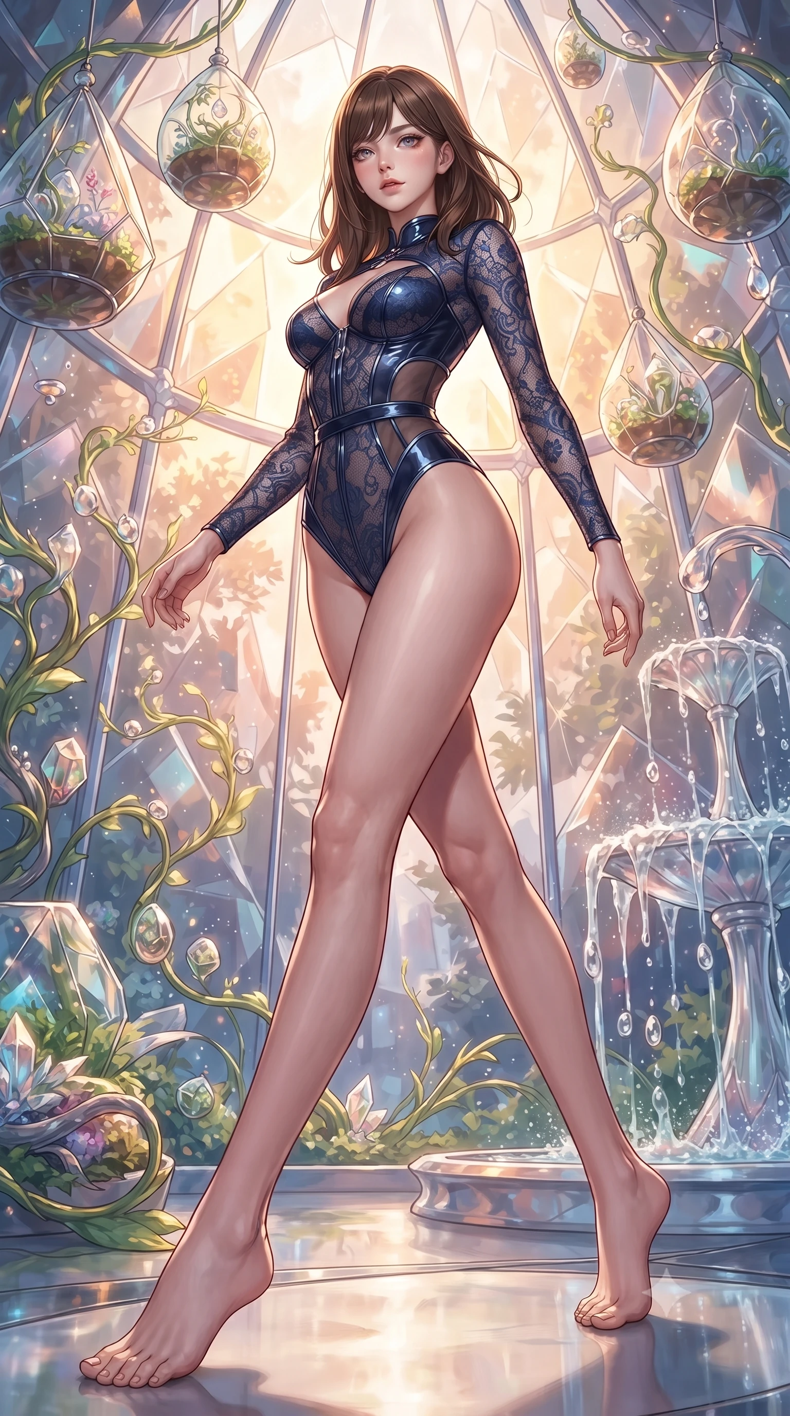 score_9, masterpiece, best quality, ultra-detailed, high-budget anime keyframe, editorial fashion photography, tasteful artistic composition, Korean woman. low angle full-body shot from head to toe showing her feet, filling the entire 9:16 vertical frame with her statuesque presence, stretching her vertical silhouette. forging dynamically through the scene, her vertical silhouette beautifully stretched surrounded by floating glass terrariums and radiant biomorphic vines, translucent water droplets cascading down platinum fountains. She has an absolutely perfect, statuesque 8.5-heads proportion, an exceptionally tall and slender model-like female figure with impossibly long slender legs and an ultra-slim waist. sharp v-shaped jawline, high-bridge nose, intricate jewel-like eyes with depth, thick eyelashes, glossy lips with a natural sheen. wearing a sheer dark lace pattern bodysuit with structured corsetry boning in midnight navy blue and chrome trim, tailored from high-gloss patent leather, accented with a Tasteful chest slit framing her clavicle gracefully, the form-contouring material highlighting her ultra-slim waist and long lines. lit by warm golden-hour rays cascading through crystalline glass panes. ultra-reflective glossy finish, specular highlights, metallic sheen, high-contrast stereoscopic depth, volumetric dynamic lighting, 2k, ultra detail, master piece, 9:16 ratio