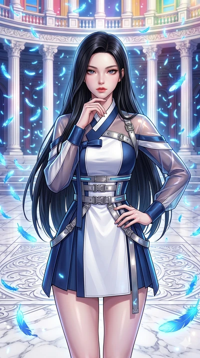 score_9, masterpiece, best quality, ultra-detailed, Set C: High-budget Anime Keyframe, Korean woman. Upper body close-up from the thighs up, character filling the screen for maximum presence. Standing in a rain of blue feathers in a white marble cour