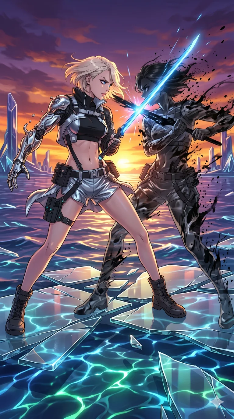 score_9, masterpiece, best quality, ultra-detailed, High-budget Anime Keyframe, vibrant colors, fluid line-art, expressive lighting, cinematic composition, Ufotable-style visual effects, top-tier animation quality, Caucasian woman with pale skin, blonde hair, and (strictly human ears). Cinematic low angle perspective showcasing her towering height and perfect 8-heads proportion. Engaging in a fierce duel with a shadowy mirror version of herself on a platform of floating glass shards. She has an absolutely perfect 8-heads proportion, an exceptionally tall and slender female figure with impossibly long slender legs and an ultra-slim waist, her statuesque height and towering silhouette dominating the vertical 9:16 frame. Her face is a masterpiece featuring a sharp v-shaped jawline, high-bridge nose, intricate jewel-like eyes with depth, thick eyelashes, and glossy lips with a natural sheen. She is wearing a Cyber-augmented streetwear featuring mechanical arm parts and a micro-shorts/harness combo crafted from Molten liquid mercury that flows and reflects the environment with metallic perfection, with an exposed midriff and a complex harness system that draws the eye. The scene is set in a vibrant sunset over a futuristic crystalline ocean with waves made of liquid light, illuminated by underwater caustic lighting with ripples of light dancing across her body. 2k, ultra detail, master piece, 9:16 ratio