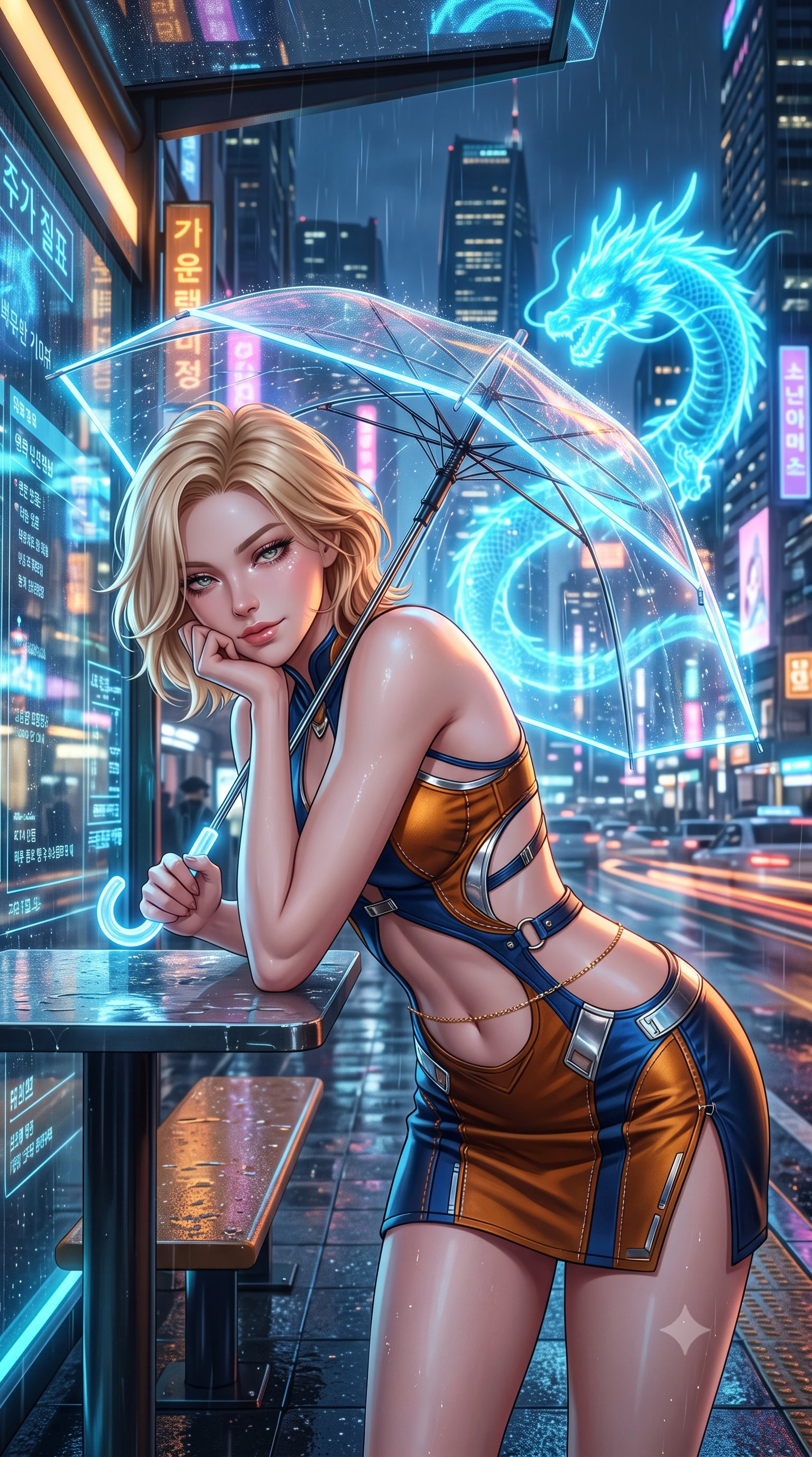 score_9, masterpiece, best quality, ultra-detailed, high-budget anime keyframe, semi-realistic 3D game render, editorial fashion photography, tasteful artistic composition, Caucasian woman. close-up cowboy shot from the waist and thighs up, the character dominates the composition, filling the frame with her large presence. resting one elbow on the table and supporting her chin, leaning close to the camera with heavy-lidded sparkling eyes and parted lips while leaning against the glowing smart-glass transit shelter with hips cocked back, gazing through transparent laser umbrella canopy with smoldering bedroom-eyes. The surrounding environment is rendered in vivid detail and crisp panoramic clarity: detailed garment styling, crisp anime lines, and futuristic Korean metropolis architecture in high resolution. She has an exceptionally elegant, slender, and willowy female figure with an ultra-slim waist, flat toned midriff, narrow ribcage, and sculpted feminine hips creating an alluring, slim hourglass silhouette without bulk. sharp v-shaped jawline, high-bridge nose, intricate jewel-like sparkling eyes with depth, thick eyelashes, glossy parted lips with a natural peach sheen, bright cheerful beaming smile with an enchanting and coquettish sensual glint, exuding both youthful cute charm and seductive allure, flawlessly proportioned anatomical accuracy, strict slender model proportions, natural body alignment, perfectly sculpted long slender limbs, ultra-slim waistline, clean dynamic posture without body distortion. wearing a provocative open-waist cutout mini dress framed by polished chrome hardware and thigh-high slit in Jovian amber and electric storm cobalt, adorned with delicate chrome ring hardware and cutouts along her slender waist, accented with a dainty gold belly chain resting across her flat midriff and curving hips, the form-contouring silhouette accentuating her sculpted flat midriff, narrow delicate ribcage, and gracefully curvy hips with intoxicating allure. bathed in the glowing azure radiance of the monumental holographic dragon mixed with neon street reflections. highly saturated vibrant anime colors, detailed shading with soft gradients, rich glossy textures, high-contrast stereoscopic depth, volumetric dynamic lighting, master piece, 9:16 ratio