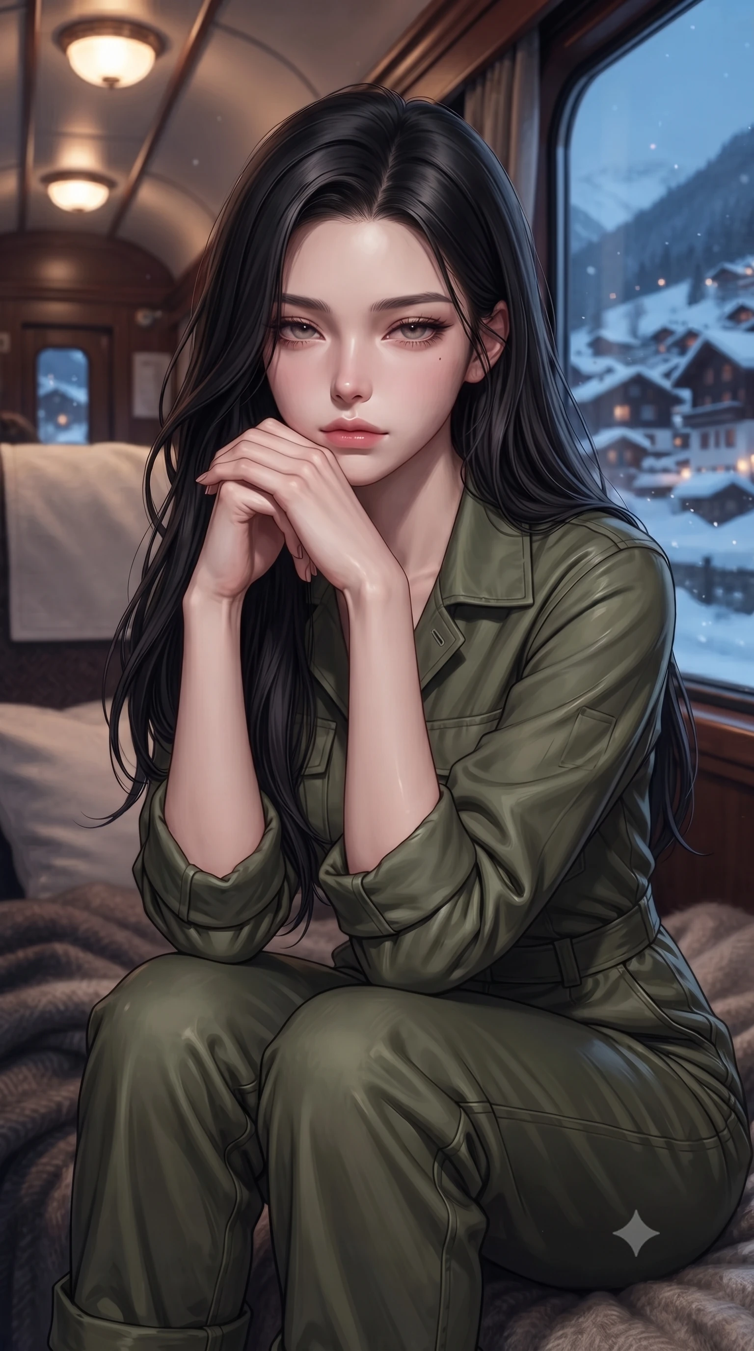 score_9, masterpiece, best quality, ultra-detailed, high-budget anime keyframe, editorial fashion photography, tasteful artistic composition, Korean woman. close-up cowboy shot from the waist and thighs up, the character dominates the composition, filling the frame with her large presence, background elements kept in soft focus. resting her chin on the backs of her fingers, casting a heavy-lidded, sultry look past the camera the background shows a soft-focus a cozy train compartment with woolen blankets and a view of a snowy alpine village. She has an exceptionally elegant, slender, and willowy female figure with an ultra-slim waist, a gracefully sculpted slender torso, and a refined silhouette. sharp v-shaped jawline, high-bridge nose, intricate jewel-like eyes with depth, thick eyelashes, glossy lips with a natural sheen. wearing a form-contouring comfortable olive green cotton utility jumpsuit with a structured collar and rolled-up sleeves. warm glowing ceiling lights contrasting with the cool blue snow reflections. ultra-reflective glossy finish, specular highlights, metallic sheen, high-contrast stereoscopic depth, volumetric dynamic lighting, 2k, ultra detail, master piece, 9:16 ratio