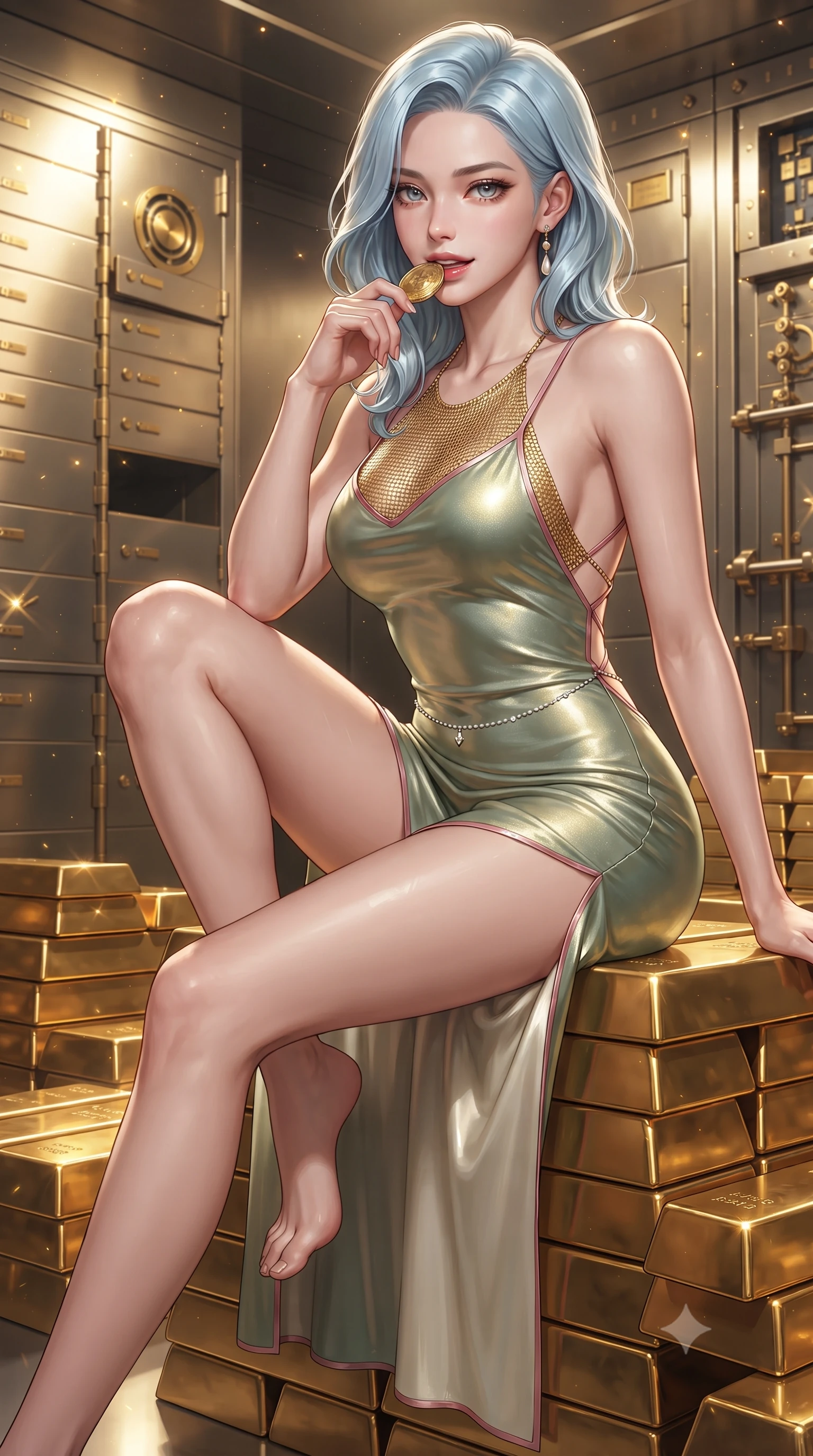 score_9, masterpiece, best quality, ultra-detailed, high-budget anime keyframe, editorial fashion photography, tasteful artistic composition, Korean woman. close-up cowboy shot from the waist and thighs up, the character dominates the composition, filling the frame with her large presence. perched sideways on the lounge seat, one knee drawn up to showcase her slender leg line while her arched back accentuates her feminine hip curve while sitting perched on a stack of golden bullion with legs crossed, holding a solid gold coin near her lips with dangerous coquettish cool. The surrounding environment is rendered in vivid detail and crisp panoramic clarity: detailed liquid gold chainmail halter top weave, diamond belly chain shine, and bank vault engineering in high resolution. She has an exceptionally elegant, slender, and willowy female figure with an ultra-slim waist, flat toned midriff, narrow ribcage, and sculpted feminine hips creating an alluring, slim hourglass silhouette without bulk. sharp v-shaped jawline, high-bridge nose, sparkling eyes with hypnotic seductive depth, thick curled eyelashes, glossy parted lips with a natural dewy peach sheen, alluring bedroom-eyes with an enchanting coquettish smile, exuding magnetic siren charisma and sophisticated glamour, flawlessly proportioned anatomical accuracy, strict slender model proportions, natural body alignment, perfectly sculpted long slender limbs, ultra-slim waistline, clean dynamic posture without body distortion. wearing a form-contouring metallic lamé slip dress clinging like a second skin with hip-high side slits and open criss-cross back in botanical sage green and pure pearlescent ivory with rose trims, woven from buttery-soft stretch lambskin leather adhering to her body like a second skin, finished with a pearl-drop body harness subtly framing her dewy collarbones and spine, the glove-like clinging cut tightly following the natural contour of her hips and long slender legs with youthful 8.5-heads elegance. bathed in brilliant specular reflections bouncing from thousands of polished gold surfaces. ultra-reflective glossy finish, specular highlights, rich textural contrasts, high-contrast stereoscopic depth, volumetric dynamic lighting, 2k, ultra detail, master piece, 9:16 ratio