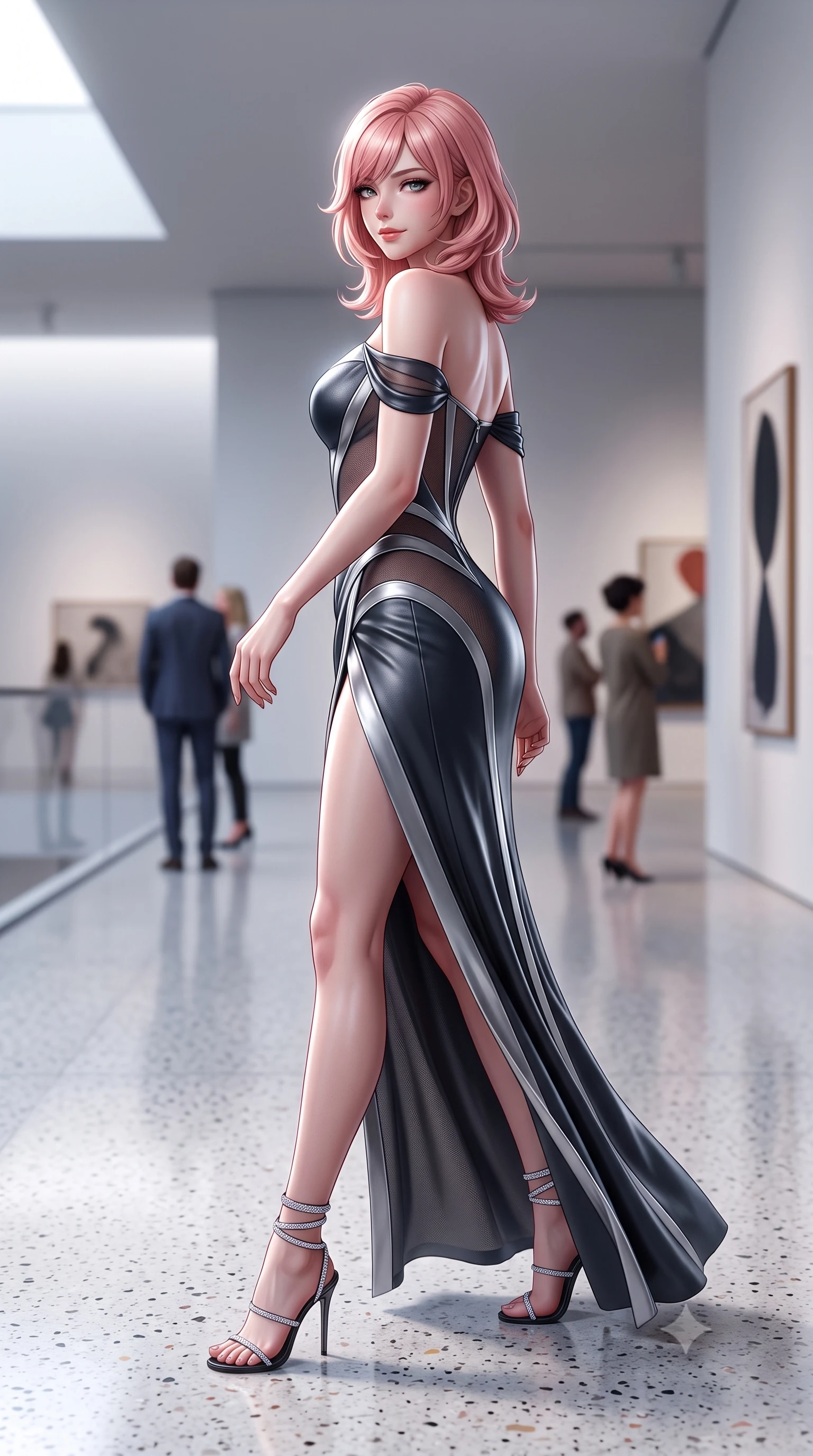 score_9, masterpiece, best quality, ultra-detailed, high-budget anime keyframe, semi-realistic 3D game render, editorial fashion photography, tasteful artistic composition, Japanese woman. low angle full-body shot from head to toe showing her feet, filling the entire 9:16 vertical frame with her statuesque presence, stretching her vertical silhouette. walking along the terrace with poise, looking back over her bare shoulder with an irresistible smoldering bedroom-gaze while walking slowly down the polished terrazzo floor, hips swaying in an alluring rhythm that commands the pristine minimalist space. The background shows a soft-focus modern art visitors softened in ultra-minimalist museum shallow focus. She has an absolutely perfect, statuesque 8.5-heads proportion, an exceptionally tall and slender model-like female figure with impossibly long slender legs, an ultra-slim waist, a flat toned midriff, narrow delicate ribcage, and beautifully sculpted feminine hips creating a graceful, slim hourglass silhouette without any bulky heaviness. sharp v-shaped jawline, high-bridge nose, sparkling eyes with hypnotic seductive depth, thick curled eyelashes, glossy parted lips with a natural dewy peach sheen, alluring bedroom-eyes with an enchanting coquettish smile, exuding magnetic siren charisma and sophisticated glamour, flawlessly proportioned anatomical accuracy, strict slender model proportions, natural body alignment, perfectly sculpted long slender limbs, ultra-slim waistline, clean dynamic posture without body distortion. wearing a provocative sheer illusion mesh vampire gown with liquid satin ribbons contouring her hourglass curves in molten liquid silver and midnight charcoal with platinum highlights, woven from buttery-soft stretch lambskin leather adhering to her body like a second skin, complemented by strappy stiletto sandals with crystal ankle wraps accentuating her slender calves, the high-slit wrap tailoring accentuating her ultra-slim waistline and the enchanting curve of her feminine hips with alluring seductive charm. illuminated by white floor bounce fill and sharp platinum rim lights sculpting her razor-sharp jawline, narrow waist, and curvy hips. highly saturated vibrant anime colors, detailed shading with soft gradients, rich glossy textures, high-contrast stereoscopic depth, volumetric dynamic lighting, master piece, 9:16 ratio