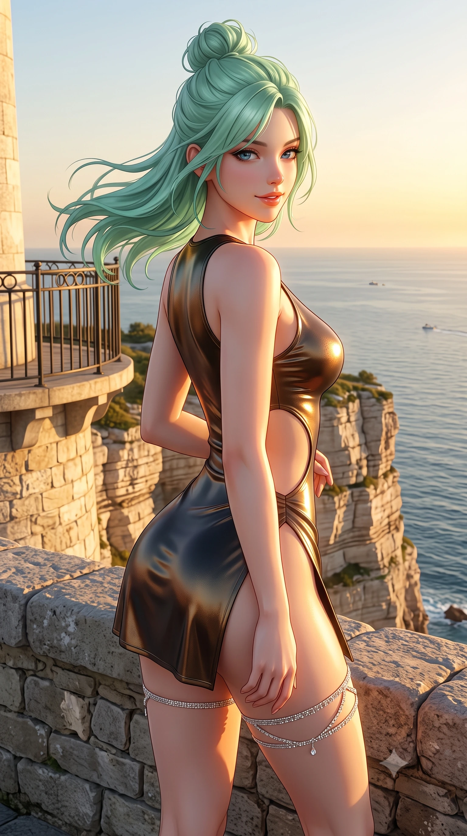score_9, masterpiece, best quality, ultra-detailed, high-budget anime keyframe, semi-realistic 3D game render, editorial fashion photography, tasteful artistic composition, Japanese woman. close-up cowboy shot from the waist and thighs up, the character dominates the composition, filling the frame with her large presence. turning slowly with an enchanting smoldering smile, her glossy hair tossing in the breeze as her hips angle gracefully in a captivating contrapposto while standing at the dizzying cliffside stone wall high above the sea, arching her back with breathtaking freedom as the sun sinks into the sea. The surrounding environment is rendered in vivid detail and crisp panoramic clarity: sharp limestone cliff strata, wrought-iron lighthouse balcony railing, and ocean horizon clarity in deep focus. She has an exceptionally elegant, slender, and willowy female figure with an ultra-slim waist, flat toned midriff, narrow ribcage, and sculpted feminine hips creating an alluring, slim hourglass silhouette without bulk. sharp v-shaped jawline, high-bridge nose, sparkling eyes with hypnotic seductive depth, thick curled eyelashes, glossy parted lips with a natural dewy peach sheen, alluring bedroom-eyes with an enchanting coquettish smile, exuding magnetic siren charisma and sophisticated glamour, flawlessly proportioned anatomical accuracy, strict slender model proportions, natural body alignment, perfectly sculpted long slender limbs, ultra-slim waistline, clean dynamic posture without body distortion. wearing a liquid metallic lamé one-piece swim dress clinging like a second skin with hip-high side cutouts in metallic liquid bronze and Mojave obsidian black, crafted from smooth liquid-tight stretch jersey emphasizing every curve of her body, finished with delicate crystal-encrusted thigh garter straps glinting in the sunlight, the high-slit wrap tailoring accentuating her ultra-slim waistline and the enchanting curve of her feminine hips with alluring seductive charm. illuminated by open ocean reflection fill and sharp warm-gold rim lights sculpting her razor-sharp jawline, flat midriff, and curvy hips. highly saturated vibrant anime colors, detailed shading with soft gradients, rich glossy textures, high-contrast stereoscopic depth, volumetric dynamic lighting, master piece, 9:16 ratio