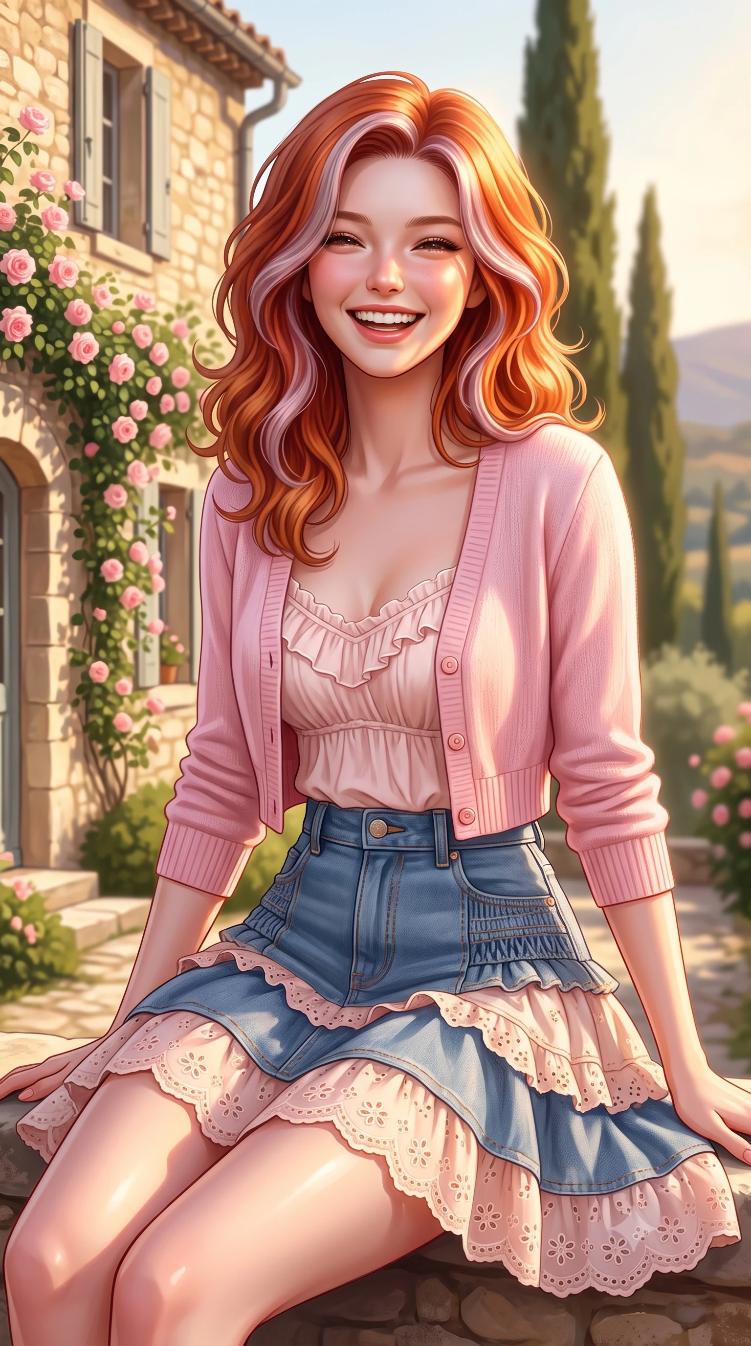 score_9, masterpiece, best quality, ultra-detailed, high-budget anime keyframe, semi-realistic 3D game render, editorial fashion photography, tasteful artistic composition, Caucasian woman. close-up cowboy shot from the waist and thighs up, the character dominates the composition, filling the frame with her large presence. laughing cheerfully with genuine delight, eyes crinkling sweetly as natural golden sunlight illuminates her glowing cheeks while sitting beside a charming historic French stone cottage covered in climbing roses, smiling warmly at the camera. The composition keeps background elements in soft focus with creamy bokeh. tall cypress trees and distant Provençal hills softened by warm atmospheric depth of field. She has an exceptionally elegant, slender, and willowy female figure with an ultra-slim waist, a gracefully sculpted slender torso, toned flat midriff, and a refined slim silhouette. sharp v-shaped jawline, high-bridge nose, intricate jewel-like eyes with depth, thick eyelashes, glossy lips with a natural sheen, pure and lovely fresh girlhood expression, flawlessly proportioned anatomical accuracy, strict slender model proportions, natural body alignment, perfectly sculpted long slender limbs, ultra-slim waistline, clean dynamic posture without body distortion. wearing a lovely baby-pink cropped knit cardigan paired with a high-waisted denim A-line mini skirt in warm peach blossom pink and champagne ivory, woven with delicate eyelet lace and breathable cotton voile, accented with soft smocked elastic details and ruffled cuff trims, the soft airy drape swaying gracefully with her dynamic movements, emphasizing her tall willowy build and slim waistline. illuminated by bright sunny Mediterranean light with soft specular highlights tracing her slender curves. highly saturated vibrant anime colors, detailed shading with soft gradients, rich glossy textures, high-contrast stereoscopic depth, volumetric dynamic lighting, master piece, 9:16 ratio