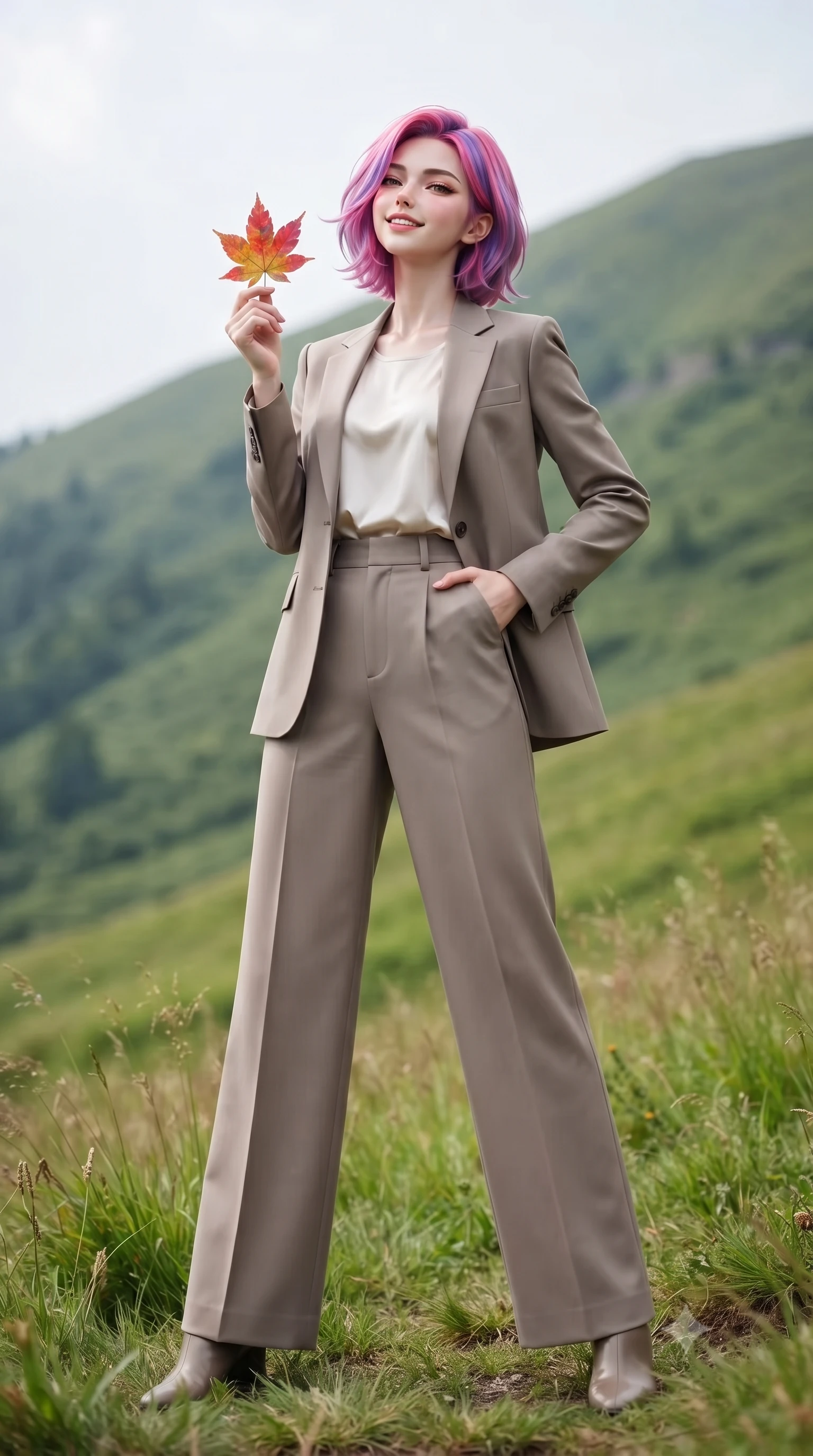 score_9, masterpiece, best quality, ultra-detailed, high-budget anime keyframe, editorial fashion photography, tasteful artistic composition, Caucasian woman. low angle full-body shot from head to toe showing her feet, filling the entire 9:16 vertical frame with her statuesque presence, stretching her vertical silhouette. standing in a captivating power pose, tilting her chin up with a smoldering, bright expression set against a soft-focus background of on a green slope of a highland mountain covered in wild mountain grass holding a colorful maple leaf with a delighted, cheerful smile. She has an absolutely perfect, statuesque 8.5-heads proportion, an exceptionally tall and slender model-like female figure with impossibly long slender legs and an ultra-slim waist. sharp v-shaped jawline, high-bridge nose, intricate jewel-like eyes with depth, thick eyelashes, glossy lips with a natural sheen. wearing body-hugging tailored casual blazer in taupe, paired with a loose tee and wide-leg trousers. soft diffused daylight creating a clean, high-key panoramic glow. ultra-reflective glossy finish, specular highlights, metallic sheen, high-contrast stereoscopic depth, volumetric dynamic lighting, 2k, ultra detail, master piece, 9:16 ratio