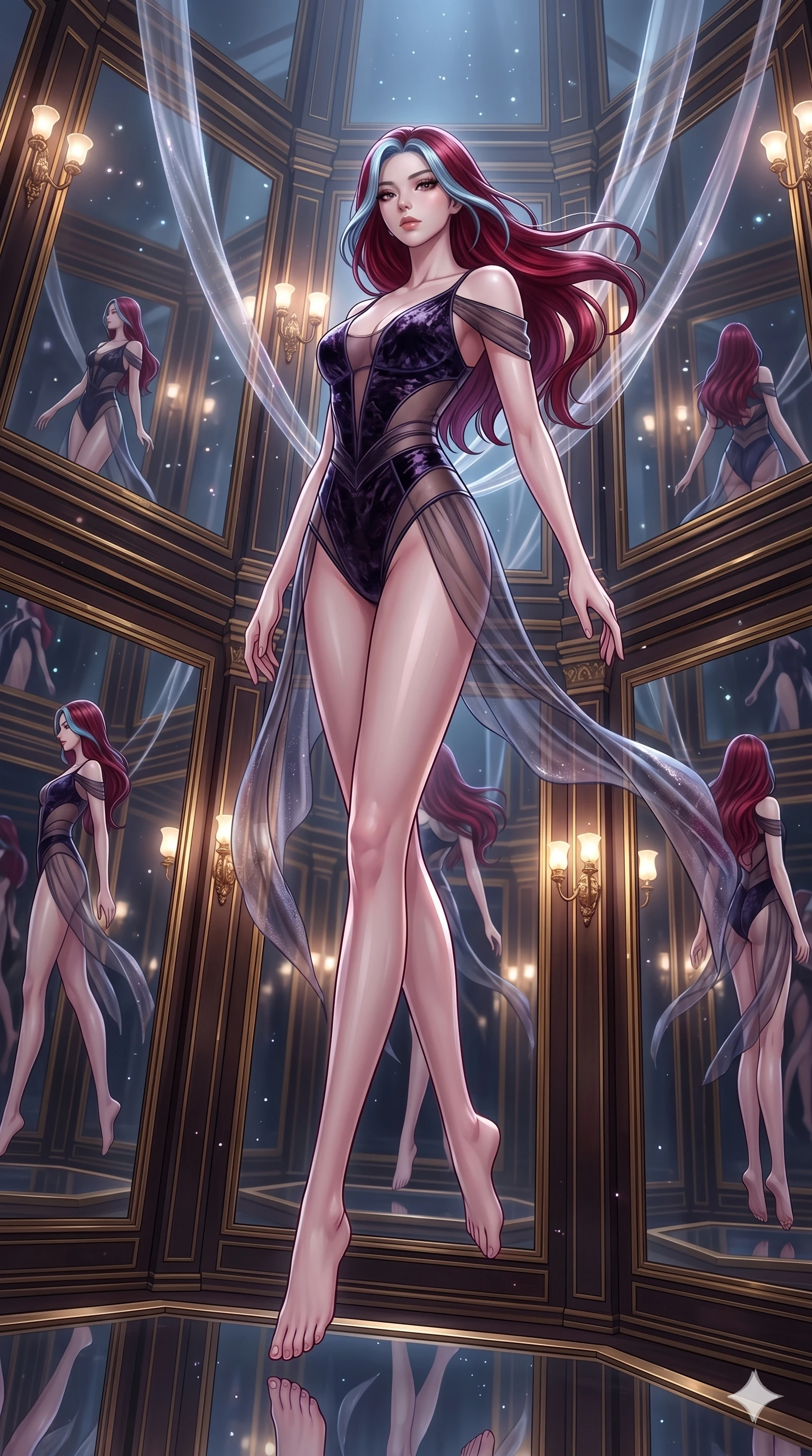 score_9, masterpiece, best quality, ultra-detailed, High-budget Anime Keyframe, East Asian woman. Dynamic full-body shot stretching the vertical silhouette to the limit. Scenario 236: Suspended by invisible silk threads in a hall of mirrors. Her presence is magnetic and overpowering in this high-budget anime scene. Outfit 236: A crushed dark velvet mesh with a low-cut shoulder and translucent layers. The clothing is designed to emphasize her exceptionally tall and slender 8-heads proportion. 8-heads proportion, towering silhouette, ultra-slim waist. sharp v-shaped jawline, intricate jewel-like eyes with depth, thick eyelashes, glossy lips. 2k, ultra detail, master piece, 9:16 ratio