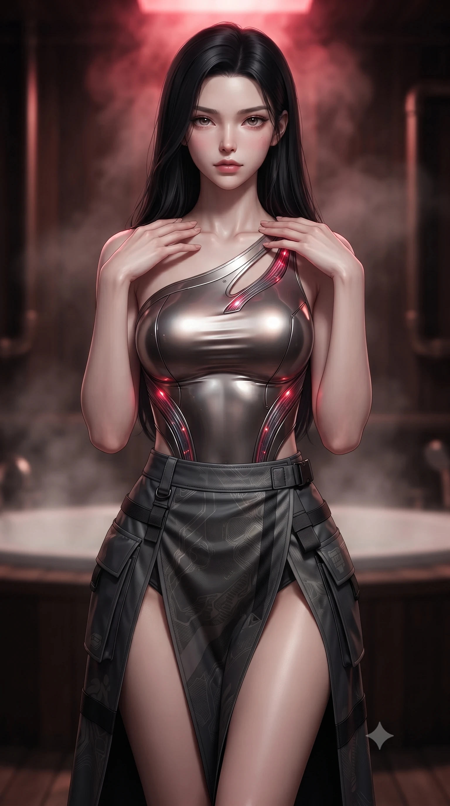 score_9, masterpiece, best quality, ultra-detailed, high-budget anime keyframe, editorial fashion photography, tasteful artistic composition, Korean woman. close-up cowboy shot from the waist and thighs up, the character dominates the composition, filling the frame with her large presence, background elements kept in soft focus. standing in a relaxed, elegant posture with both hands resting lightly on her collarbone, looking at the viewer with bedroom-eyes, the background shows a soft-focus a thermal bath deck with dark cedar panels and bronze steam pipes. She has an exceptionally elegant, slender, and willowy female figure with an ultra-slim waist, a gracefully sculpted slender torso, and a refined silhouette. sharp v-shaped jawline, high-bridge nose, intricate jewel-like eyes with depth, thick eyelashes, glossy lips with a natural sheen. wearing a body-hugging asymmetric one-shoulder nanotech bodice paired with a daring high-slit tactical utility wrap skirt. steam venting catching a pulsing crimson warning beacon light from above. ultra-reflective glossy finish, specular highlights, metallic sheen, high-contrast stereoscopic depth, volumetric dynamic lighting, 2k, ultra detail, master piece, 9:16 ratio