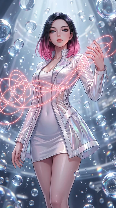 score_9, masterpiece, best quality, ultra-detailed, High-budget Anime Keyframe, East Asian woman. Low angle cowboy shot filling the entire 9:16 frame with her statuesque presence. Scenario 526: tracing a glowing red thread of fate with her fingers in
