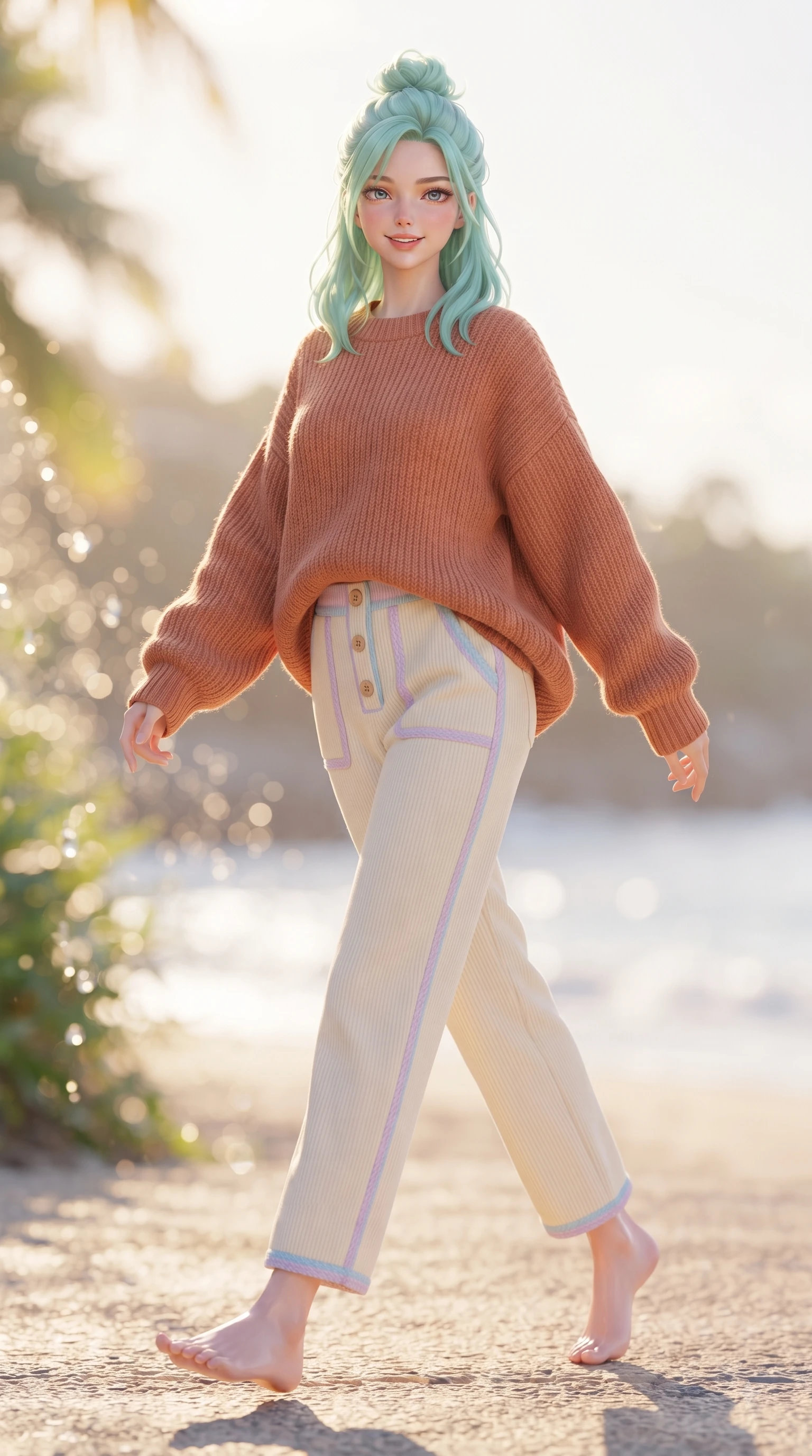 score_9, masterpiece, best quality, ultra-detailed, high-budget anime keyframe, editorial fashion photography, tasteful artistic composition, Japanese woman. low angle full-body shot from head to toe showing her feet, filling the entire 9:16 vertical frame with her statuesque presence, stretching her vertical silhouette. stepping forward gracefully in mid-motion with a delighted cute expression, displaying her statuesque model proportions while taking a stroll along a quiet island seaside path as golden sunlight illuminates her fresh beauty. The composition keeps background elements in soft focus with dreamy bokeh. warm beach sunlight refracting off water droplets blurred into a soft pastel backdrop. She has an absolutely perfect, statuesque 8.5-heads proportion, an exceptionally tall and slender model-like female figure with impossibly long slender legs and an ultra-slim waist. sharp v-shaped jawline, high-bridge nose, intricate jewel-like eyes with depth, thick eyelashes, glossy lips with a natural sheen, flawlessly proportioned anatomical accuracy, natural body alignment, perfectly sculpted elegant limbs, clean dynamic posture without body distortion. wearing an oversized terracotta knit jumper over soft cream corduroy pants in soft pastel lavender and sky blue, knitted from soft cozy cashmere yarn, finished with neat front wooden buttons and pocket details, the breezy lightweight fabric fluttering softly against her delicate frame. surrounded by a fresh, sun-drenched, and relaxing vacation atmosphere. ultra-reflective glossy finish, specular highlights, metallic sheen, high-contrast stereoscopic depth, volumetric dynamic lighting, 2k, ultra detail, master piece, 9:16 ratio
