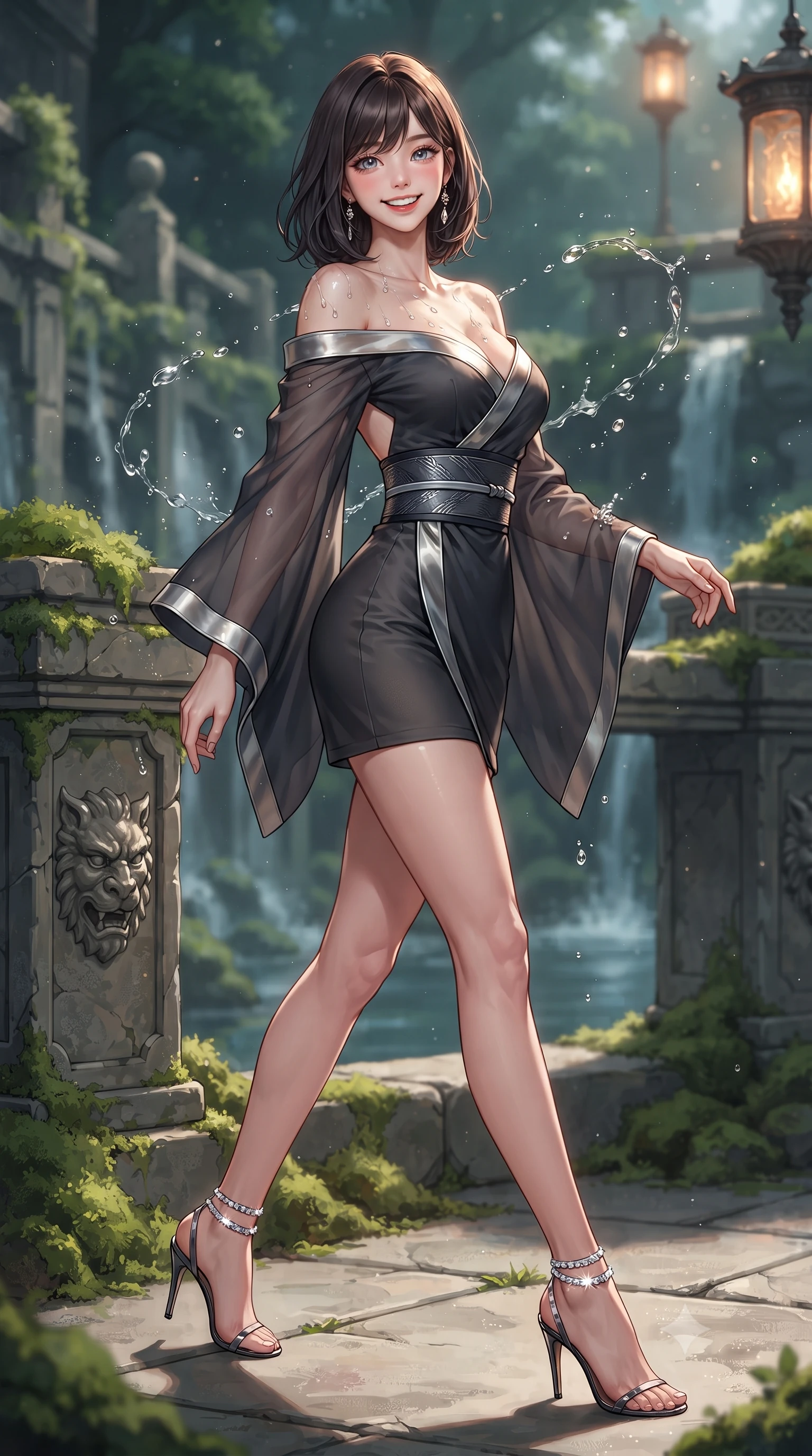 score_9, masterpiece, best quality, ultra-detailed, high-budget anime keyframe, editorial fashion photography, tasteful artistic composition, Korean woman. low angle full-body shot from head to toe showing her feet, filling the entire 9:16 vertical frame with her statuesque presence, stretching her vertical silhouette. stepping forward in a confident stride, her long slender legs and curvaceous hips creating a dynamic, sweeping vertical line while twisting her slender torso in an alluring S-curve, water droplets and lantern light dancing across her dewy collarbones and bare back. The surrounding environment is rendered in vivid detail and crisp panoramic clarity: sharp carved stone mask relief, water droplet spray arcs, and lush velvet moss on ancient balustrades in deep focus. She has an exceptionally tall and slender model-like 8.5-heads proportion, an ultra-slim waist, a flat toned midriff, narrow delicate ribcage, and beautifully sculpted feminine hips creating a graceful, slim hourglass silhouette without any bulky heaviness, with impossibly long slender legs. sharp v-shaped jawline, high-bridge nose, intricate jewel-like sparkling eyes with depth, thick eyelashes, glossy parted lips with a natural peach sheen, bright cheerful beaming smile with an enchanting and coquettish sensual glint, exuding both youthful cute charm and seductive allure, flawlessly proportioned anatomical accuracy, strict slender model proportions, natural body alignment, perfectly sculpted long slender limbs, ultra-slim waistline, clean dynamic posture without body distortion. wearing a backless Japanese silk robe-inspired cocktail dress slipping gracefully off bare shoulders with a cinched obi belt in smoky charcoal noir and reflective metallic platinum, made of semi-opaque stretch illusion mesh with soft shadowy contours along her waist, complemented by strappy stiletto sandals with crystal ankle wraps accentuating her slender calves, the precision-cut side openings and low-back scoop framing her graceful spine and the sensual sweep of her slim, toned hips. illuminated by water spray specular highlights and sharp flame-amber rim lights sculpting her jawline, narrow waist, and curvy hips. ultra-reflective glossy finish, specular highlights, rich textural contrasts, high-contrast stereoscopic depth, volumetric dynamic lighting, 2k, ultra detail, master piece, 9:16 ratio