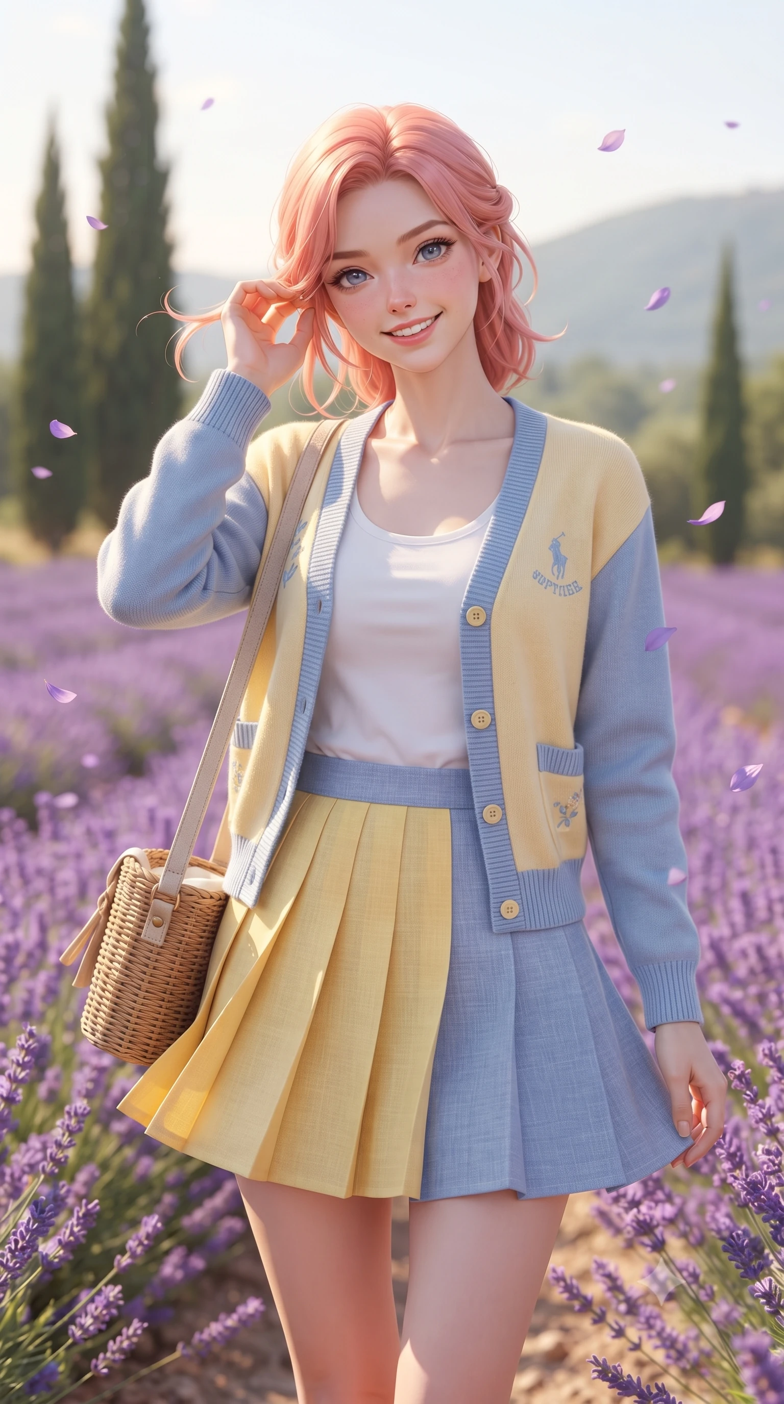 score_9, masterpiece, best quality, ultra-detailed, high-budget anime keyframe, editorial fashion photography, tasteful artistic composition, Japanese woman. close-up cowboy shot from the waist and thighs up, the character dominates the composition, filling the frame with her large presence. tilting her head with a cute, youthful grin while brushing a stray strand of hair behind her ear with slender fingers while twirling cheerfully between vibrant purple lavender ridges as delicate violet petals flutter in the air. The composition keeps background elements in soft focus with creamy bokeh. tall cypress trees and distant Provençal hills softened by warm atmospheric depth of field. She has an exceptionally elegant, slender, and willowy female figure with an ultra-slim waist, a gracefully sculpted slender torso, toned flat midriff, and a refined slim silhouette. sharp v-shaped jawline, high-bridge nose, intricate jewel-like eyes with depth, thick eyelashes, glossy lips with a natural sheen, pure and lovely fresh girlhood expression, flawlessly proportioned anatomical accuracy, strict slender model proportions, natural body alignment, perfectly sculpted long slender limbs, ultra-slim waistline, clean dynamic posture without body distortion. wearing a chic pastel varsity cardigan over a simple white scoop-neck tee and a pleated mini skirt in sunny daffodil yellow and french blue, crafted from soft breathable linen that flutters gently in the breeze, accessorized with a rustic woven wicker bag and canvas strap, the tailored casual silhouette highlighting her fresh and youthful presence and perfectly proportioned slender frame. illuminated by bright sunny Mediterranean light with soft specular highlights tracing her slender curves. ultra-reflective glossy finish, specular highlights, rich natural textures, high-contrast stereoscopic depth, volumetric dynamic lighting, 2k, ultra detail, master piece, 9:16 ratio