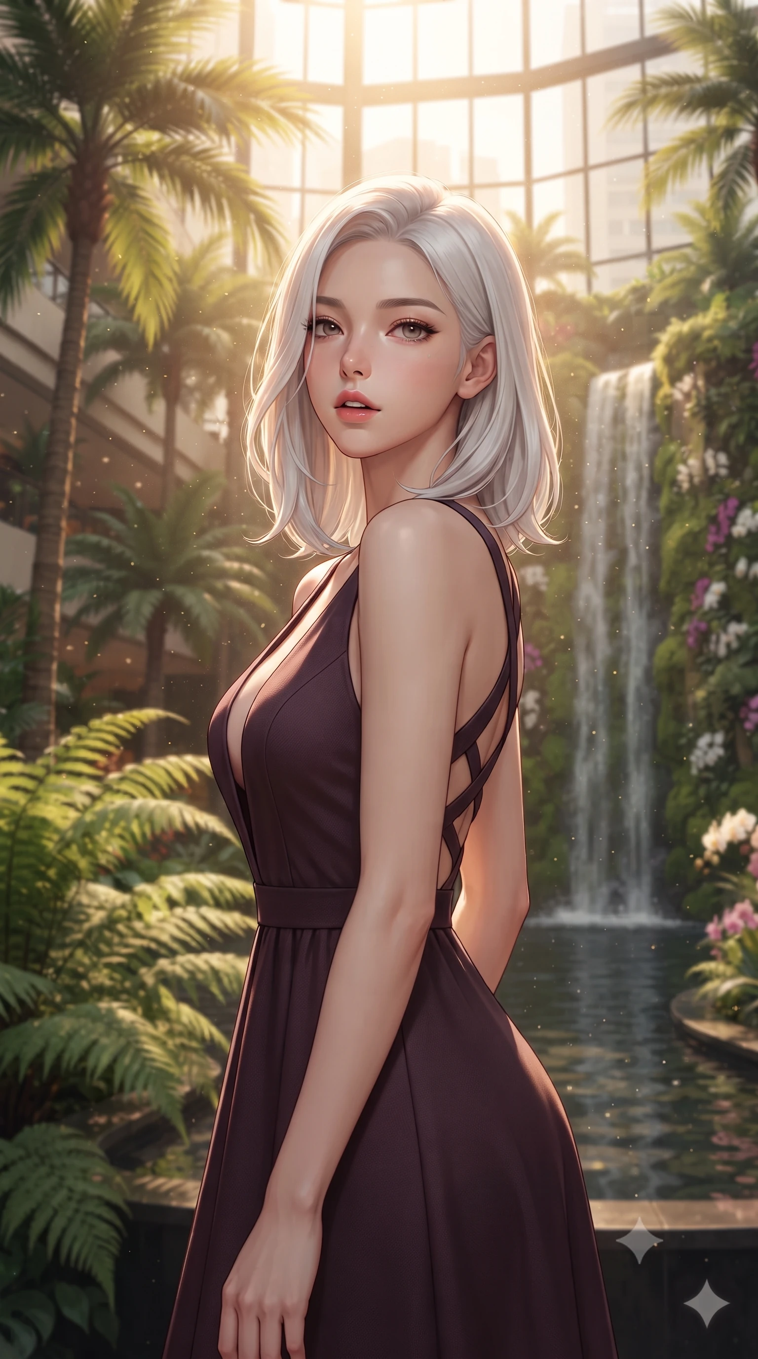 score_9, masterpiece, best quality, ultra-detailed, high-budget anime keyframe, editorial fashion photography, tasteful artistic composition, Korean woman. close-up cowboy shot from the waist and thighs up, the character dominates the composition, filling the frame with her large presence, background elements kept in soft focus. Looking directly at the camera with a bold fearless expression and parted lips. set against a soft-focus background of a luxury hotel's soaring six-story glass atrium filled with towering tropical palms massive ferns rare orchid collections and a grand waterfall cascading down a living moss wall into a reflection pool. She has an exceptionally elegant and slender, willowy female figure with an ultra-slim waist, a gracefully sculpted slender torso, and a refined slim physique. sharp v-shaped jawline, high-bridge nose, intricate jewel-like eyes with depth, thick eyelashes, glossy lips with a natural sheen. wearing a dark plum dress with a deep plunging V-neckline and a criss-cross strap back design. golden hour sunlight streaming in warm shafts with floating dust particles catching the light. 2k, ultra detail, master piece, 9:16 ratio