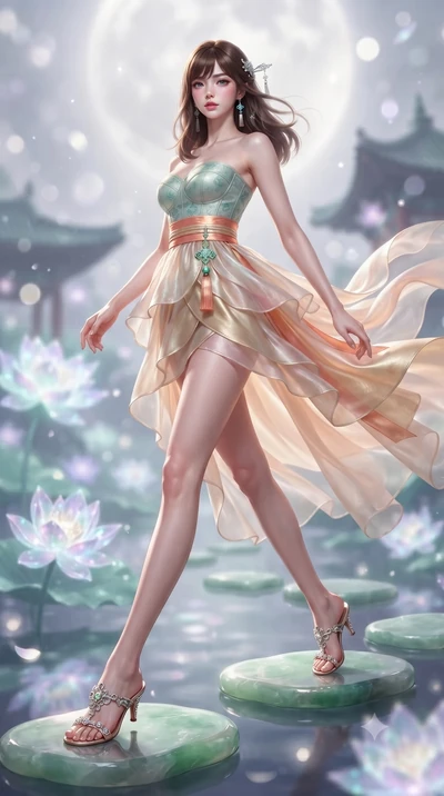 score_9, masterpiece, best quality, ultra-detailed, high-budget anime keyframe, editorial fashion photography, tasteful artistic composition, Korean woman. low angle full-body shot from head to toe showing her feet, filling the entire 9:16 vertical f