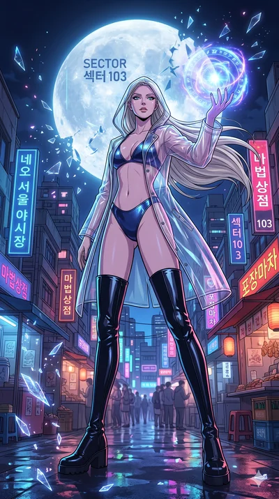 score_9, masterpiece, best quality, ultra-detailed, Set A: High-budget Anime Keyframe, Caucasian (strictly human ears) woman. Low angle cowboy shot filling the entire 9:16 frame with her statuesque presence. Casting a spell through a neon-lit Neo-Seo