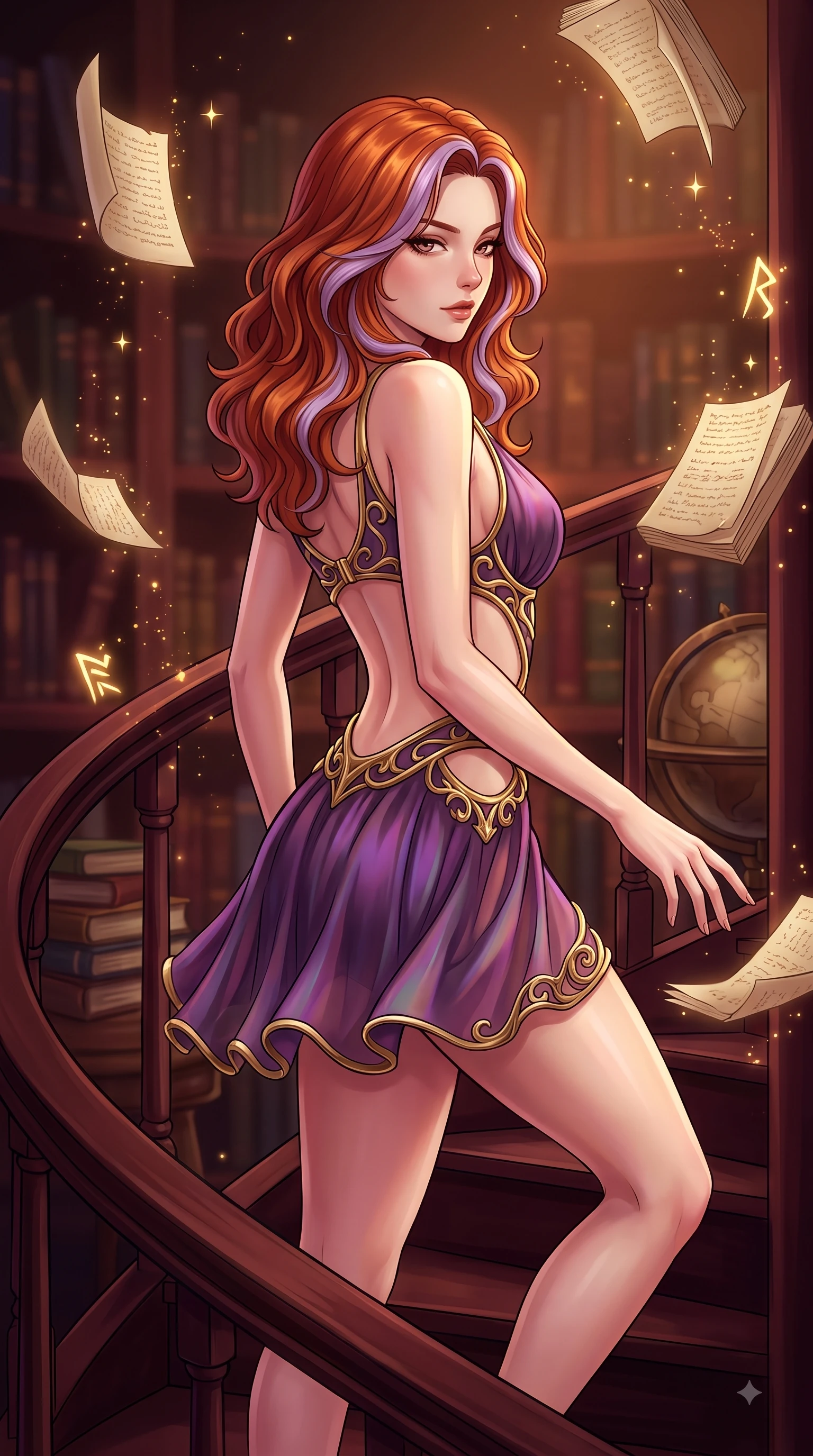 score_9, masterpiece, best quality, ultra-detailed, high-budget anime keyframe, editorial fashion photography, tasteful artistic composition, Caucasian woman. close-up cowboy shot from the waist and thighs up, the character dominates the composition, filling the frame with her large presence, background elements kept in soft focus. Gazing past the lens with smoldering intensity as her torso curves dynamically in mid-stride while pivoting gracefully on a mahogany spiral staircase, casting a seductive sidelong gaze over her shoulder, floating paper pages and glowing spell runes scattering golden starlight dust motes. She has an exceptionally elegant, slender, and willowy female figure with an ultra-slim waist, a gracefully sculpted slender torso, and a refined silhouette. sharp v-shaped jawline, high-bridge nose, intricate jewel-like eyes with depth, thick eyelashes, glossy lips with a natural sheen, flawlessly proportioned anatomical accuracy, natural body alignment, perfectly sculpted elegant limbs, clean dynamic posture without body distortion. wearing a dramatic open-waist cutout mini dress framed by sculptural hardware in plum purple and gold filigree, crafted from iridescent chiffon that shifts colors in the light, featuring clean architectural cutouts along her slender torso, the sleek second-skin texture accentuating her magnetic presence. surrounded by an opulent, intimate library aura with deep warm gradients. highly saturated vibrant anime colors, detailed shading with soft gradients, rich glossy textures, high-contrast stereoscopic depth, volumetric dynamic lighting, master piece, 9:16 ratio