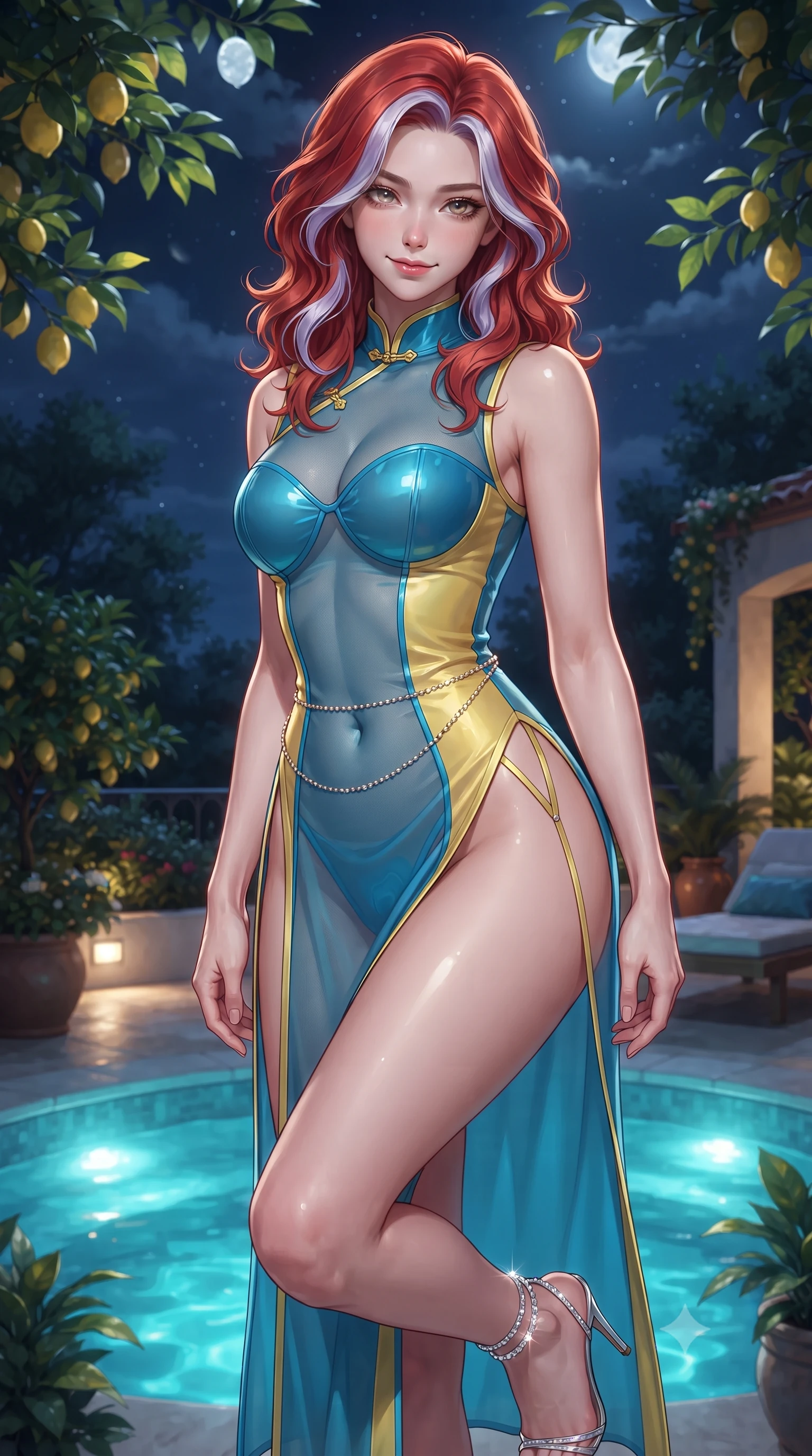 score_9, masterpiece, best quality, ultra-detailed, high-budget anime keyframe, editorial fashion photography, tasteful artistic composition, Caucasian woman. close-up cowboy shot from the waist and thighs up, the character dominates the composition, filling the frame with her large presence. tilting her head with a teasing half-smile, running one hand slowly down the side of her hip in a flirtatious S-curve as ambient light caresses her silhouette while twisting her slender torso in an alluring S-curve, glowing underwater turquoise pool lamps and silver moonlight tracing her flat midriff and hips. The surrounding environment is rendered in vivid detail and crisp panoramic clarity: detailed form-fitting vinyl bustier texture, delicate waist chain gleam, and Capri luxury villa landscaping in high resolution. She has an exceptionally elegant, slender, and willowy female figure with an ultra-slim waist, flat toned midriff, narrow ribcage, and sculpted feminine hips creating an alluring, slim hourglass silhouette without bulk. sharp v-shaped jawline, high-bridge nose, sparkling eyes with hypnotic seductive depth, thick curled eyelashes, glossy parted lips with a natural dewy peach sheen, alluring bedroom-eyes with an enchanting coquettish smile, exuding magnetic siren charisma and sophisticated glamour, flawlessly proportioned anatomical accuracy, strict slender model proportions, natural body alignment, perfectly sculpted long slender limbs, ultra-slim waistline, clean dynamic posture without body distortion. wearing a modern cheongsam-inspired form-fitting sheer mesh cocktail dress with mandarin collar and dramatic hip-high side slits in Amalfi azure blue and sunlit lemon gold, tailored from fine structural neoprene with crisp architectural edges and smooth contouring, complemented by strappy stiletto sandals with crystal ankle wraps accentuating her slender calves, the glove-like clinging cut tightly following the natural contour of her hips and long slender legs with youthful 8.5-heads elegance. bathed in warm underwater turquoise hydro-spa illumination contrasting with silver moonbeams filtering through lemon leaves. ultra-reflective glossy finish, specular highlights, rich textural contrasts, high-contrast stereoscopic depth, volumetric dynamic lighting, 2k, ultra detail, master piece, 9:16 ratio