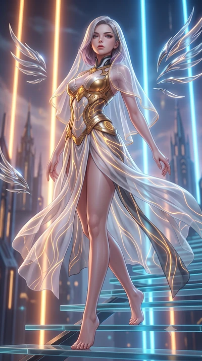 score_9, masterpiece, best quality, ultra-detailed, high-budget anime keyframe, semi-realistic 3D game render, editorial fashion photography, tasteful artistic composition, Caucasian woman. low angle full-body shot from head to toe showing her feet, 