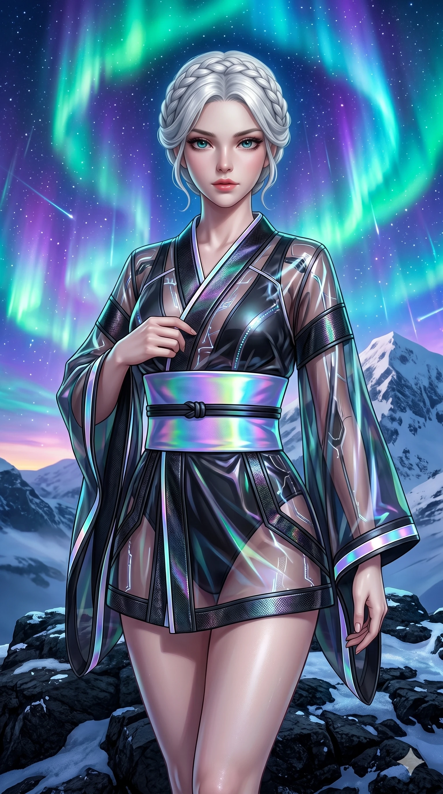 score_9, masterpiece, best quality, ultra-detailed, Set A: Photorealistic 8k CG, Japanese woman. Upper body close-up from the thighs up, character filling the screen for maximum presence. Standing on a mountain top as the aurora borealis dances above in vibrant emerald and violet hues. She has an absolutely perfect 8-heads proportion, an exceptionally tall and slender female figure with an slender waist and majestic presence. Sharp v-shaped jawline, high-bridge nose, intricate jewel-like eyes with depth, thick eyelashes, glossy lips. Wearing a Modern Traditional outfit: tech-kimono with a holographic obi and transparent panels. Background is a bright and colorful night sky with swirling lights and a snowy peak. 2k, ultra detail, master piece, 9:16 ratio
